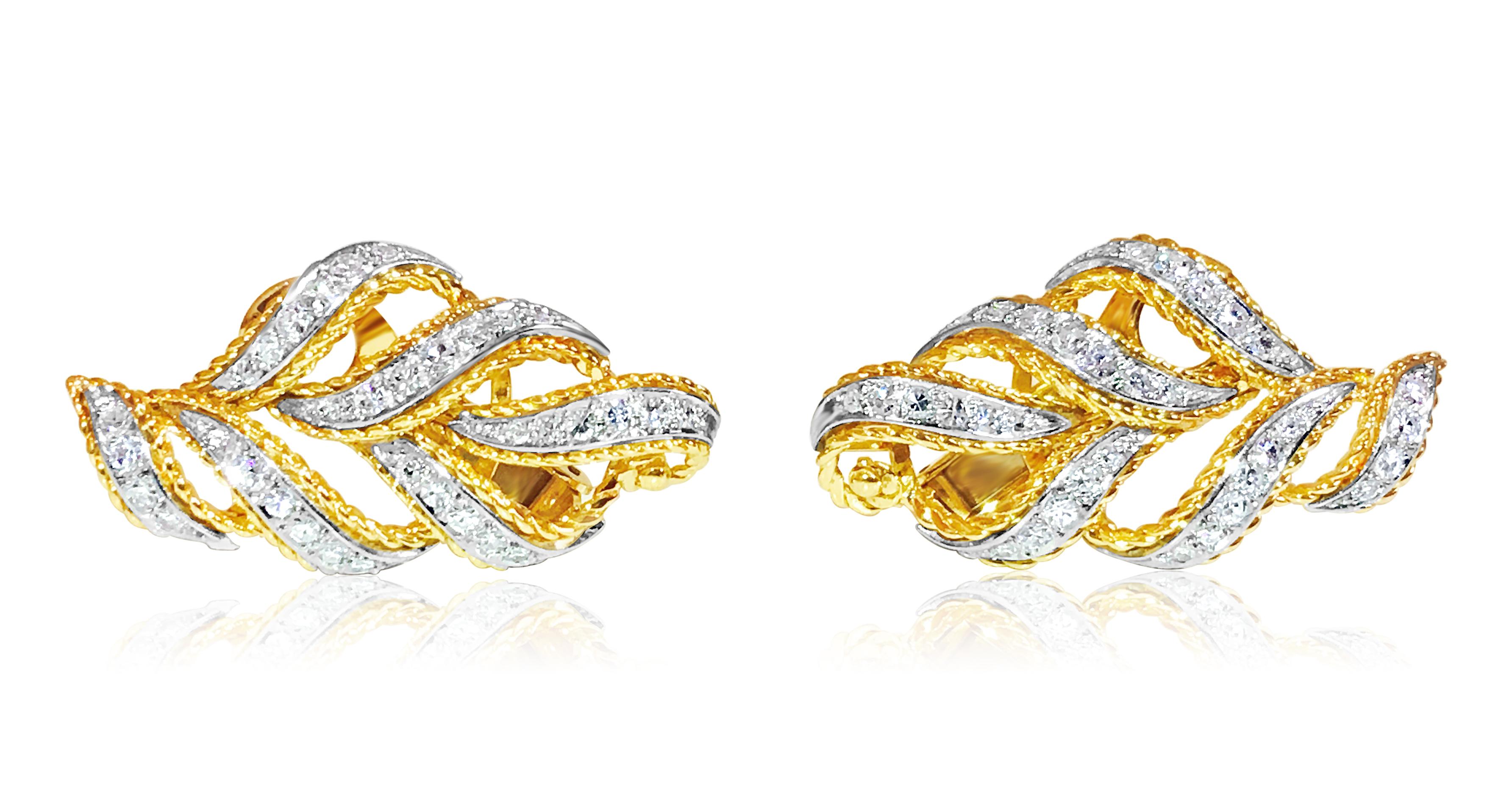 Fashioned from 14K yellow gold, these clip-on earrings feature a total carat weight of 2.00 carats of round-cut diamonds, boasting VS clarity and G color. Their elegant leaf-like design exudes sophistication, while the diamonds' superb luster and