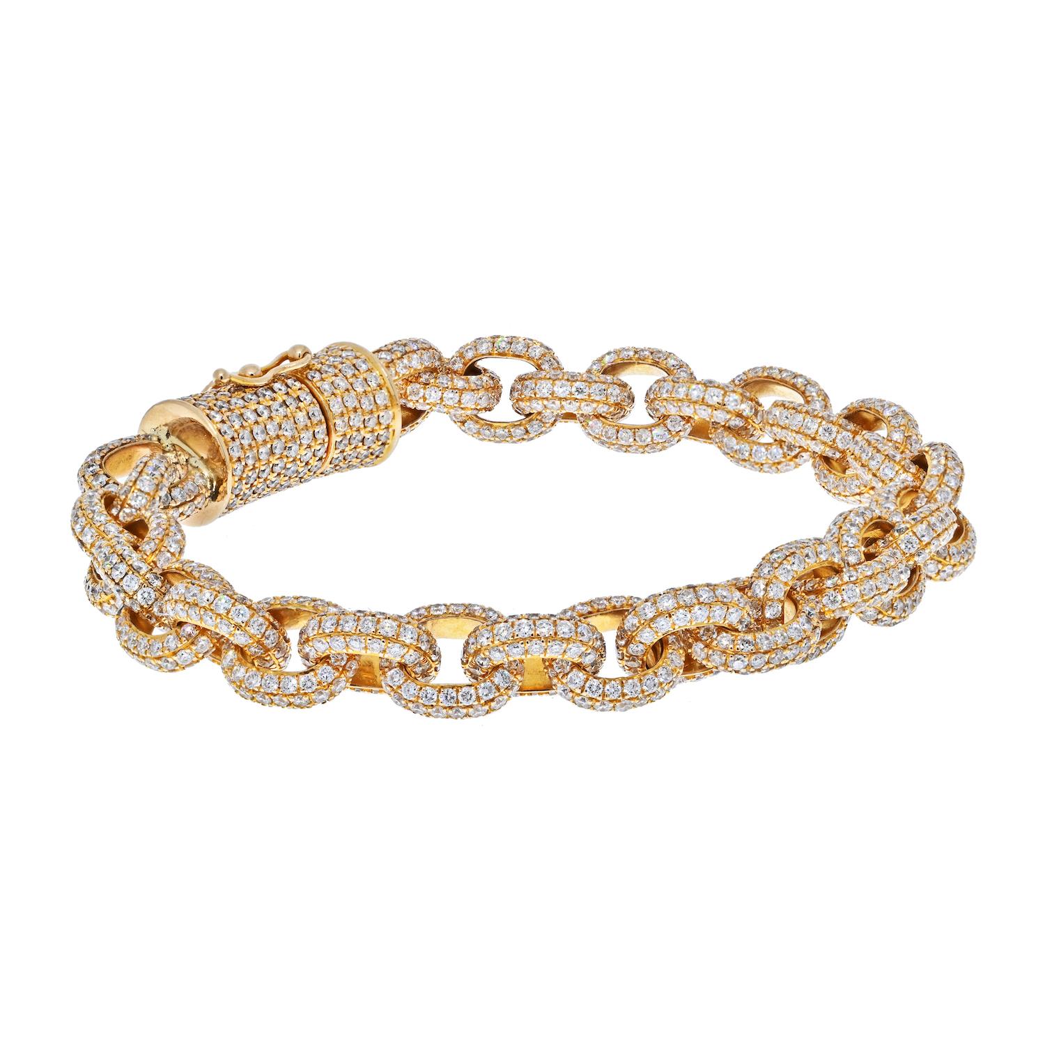 Round Cut 14K Yellow Gold 20.00cts Chunky Diamond Link Bracelet For Sale