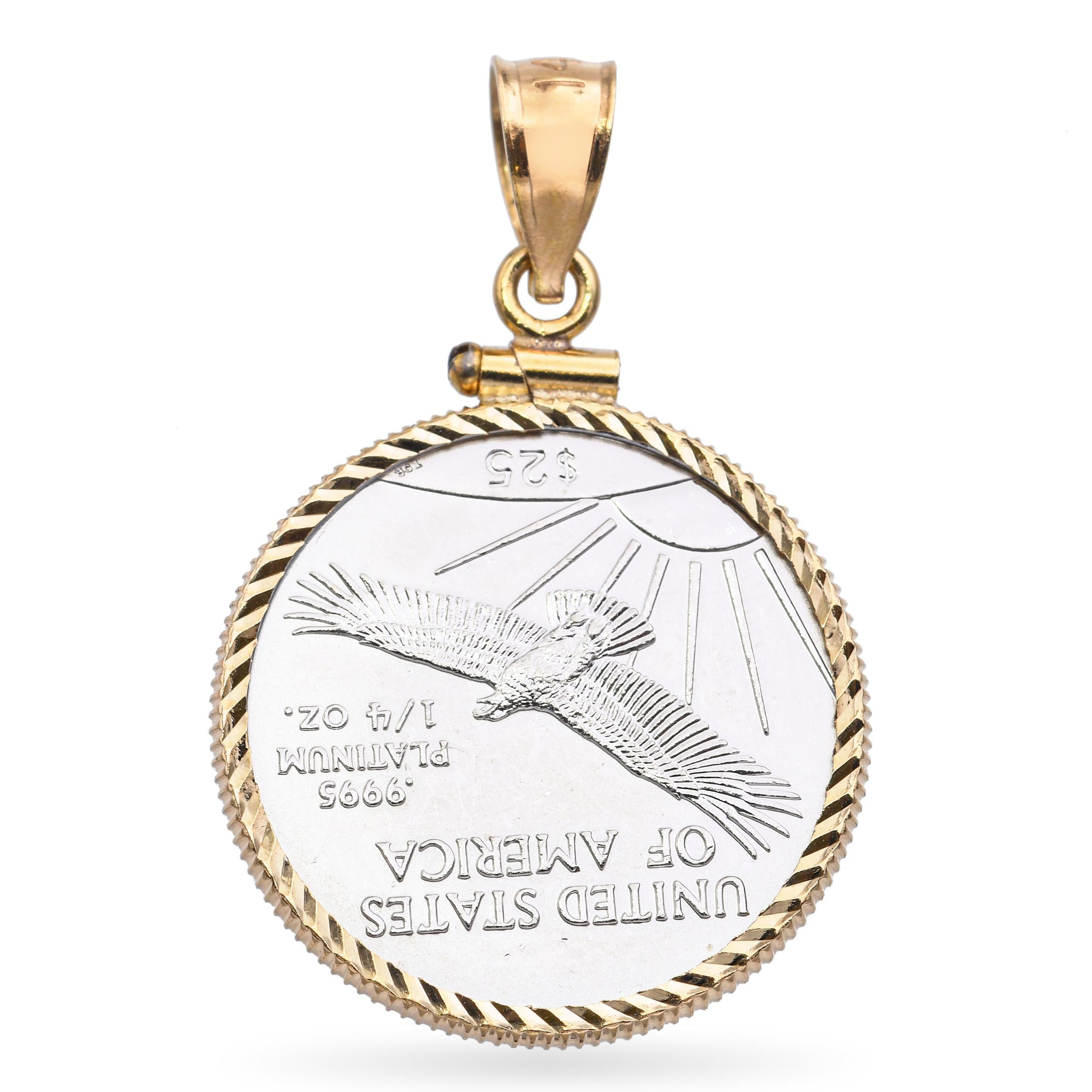 This unique pendant features a genuine 2001 $25 American Platinum Eagle coin, containing 1/4 oz of .9995 fine platinum, elegantly framed in a custom 14k yellow gold bezel. The bold contrast between the radiant platinum and warm gold setting creates