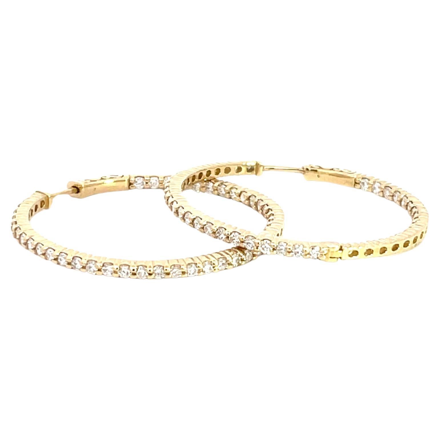 14K Yellow Gold 2.00ctw Diamond In and Out Hoop Earrings For Sale