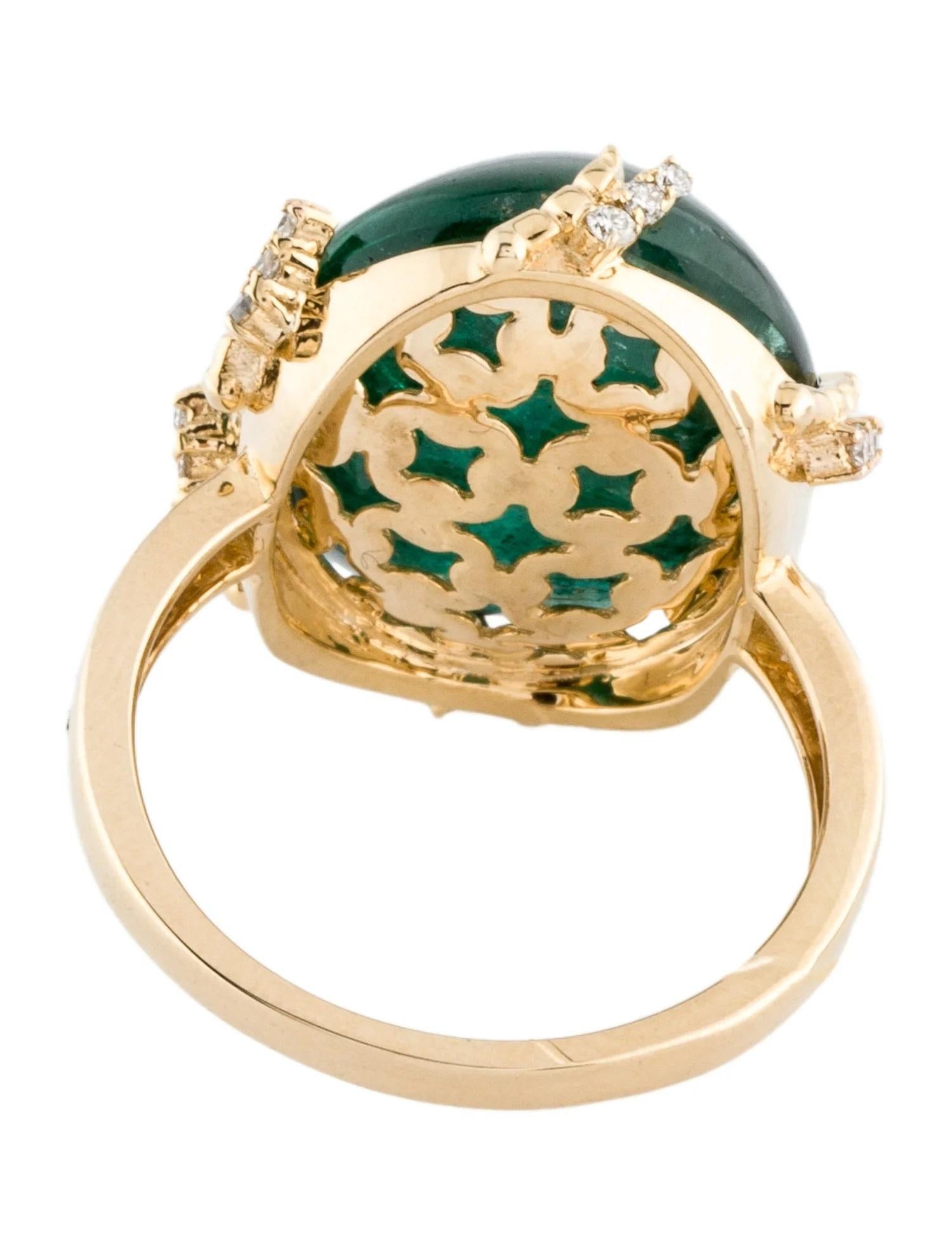 Emerald Cut 14K Yellow Gold 20.18ct Cabochon Emerald & 0.12ctw Diamond Cocktail Ring Size 7 For Sale