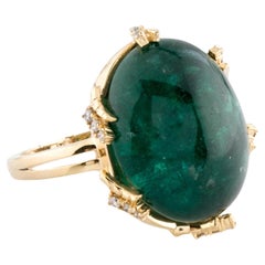 Bague cocktail en or jaune 14 carats, émeraude cabochon 20,18 carats et diamant 0,12 carat, taille 7