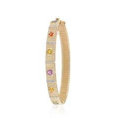14K Yellow Gold 2.02 CT Multi Sapphire Heart & Diamond Hinged Bangle Bracelet