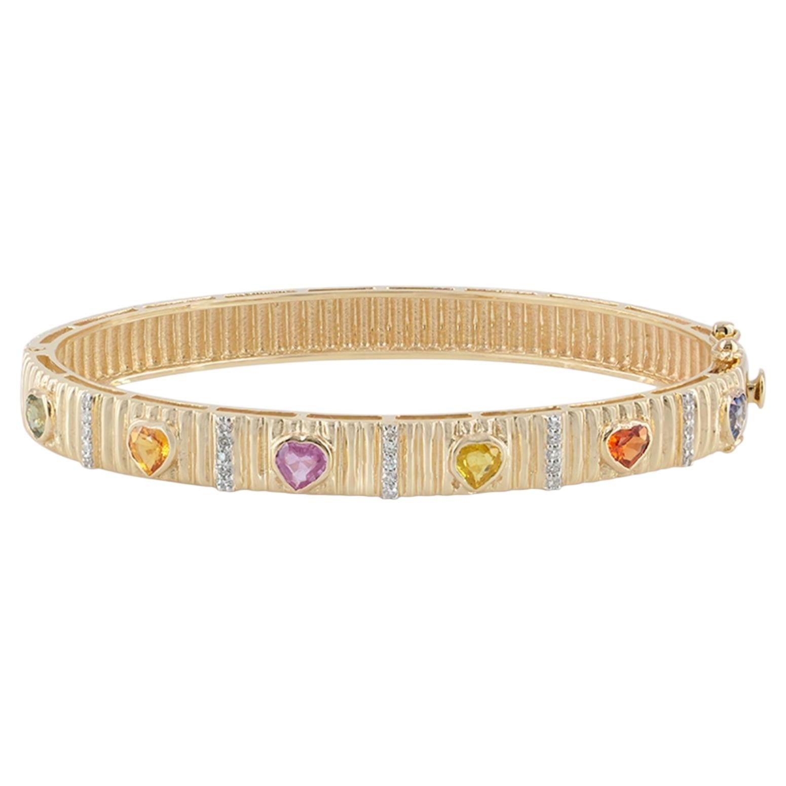 14K Yellow Gold 2.02 CT Multi Sapphire Heart & Diamond Hinged Bangle Bracelet