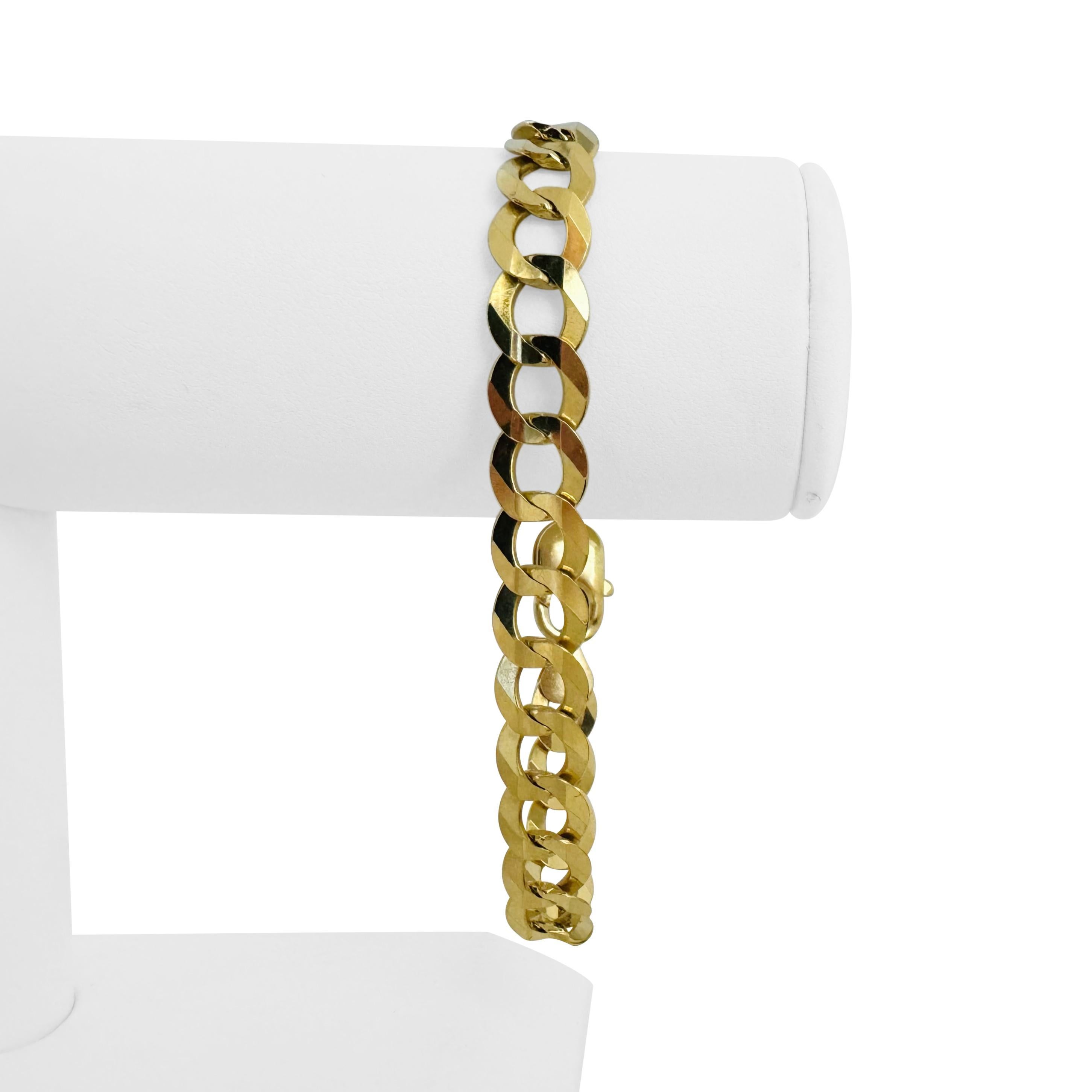Zustand:  Ausgezeichneter Condit, Professionell gereinigt und poliert
Metall: 14k Gold (markiert und professionell getestet)
Gewicht: 20,4g
Länge: 8,5 Zoll
Breite: 9,5 mm
Verschluss: Karabinerhaken
Markierungen: 