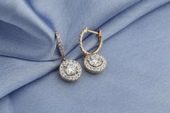 14K Yellow Gold 2.06 Cts Round Diamond Halo Drop Lever back Earrings