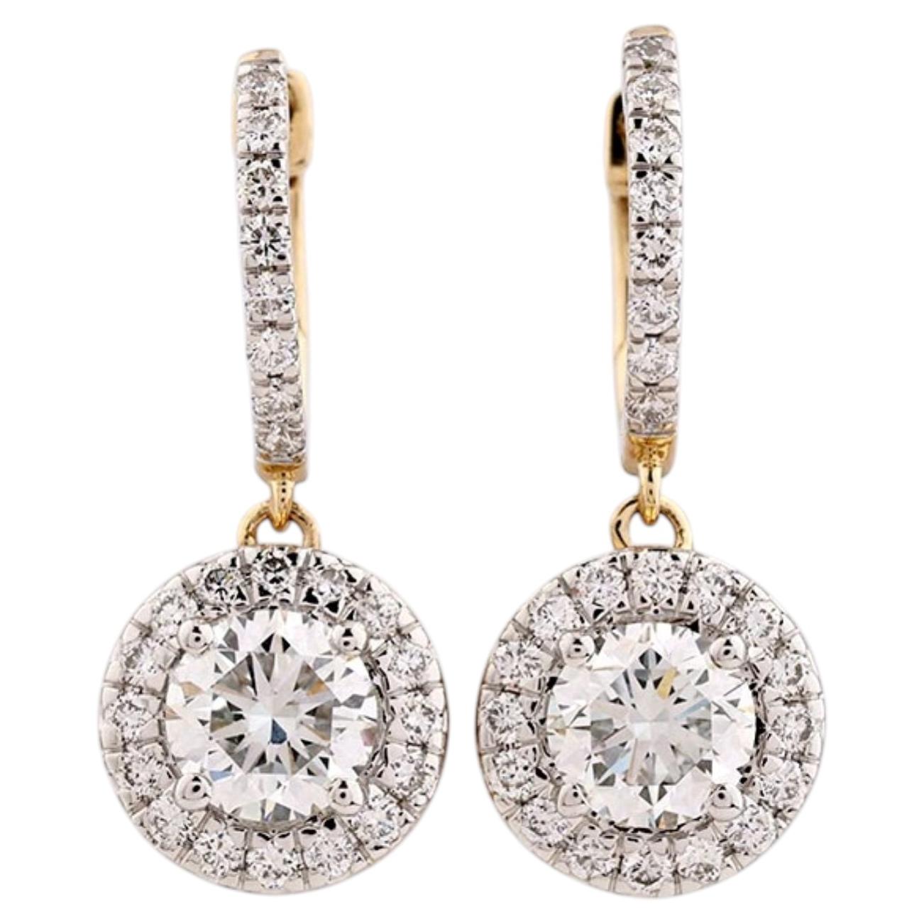 14K Yellow Gold 2.06 Cts Round Diamond Halo Drop Lever back Earrings