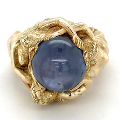 14k Yellow Gold 20CT Cabochon Blue Star Sapphire Mermaids Holding Up Stone Ring