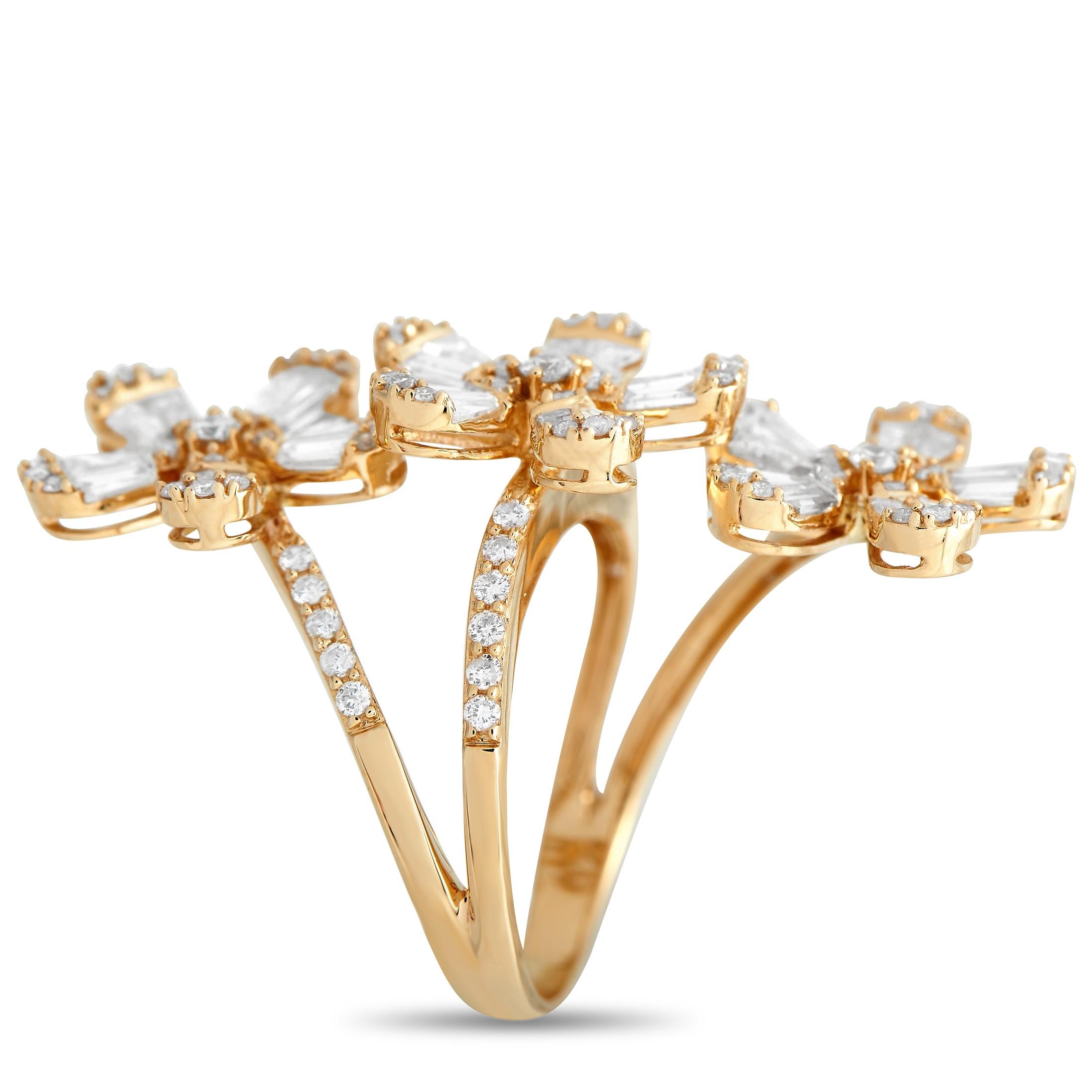 There are many things to love about this ring. It has a split shank design that gives the illusion of three stacked bands. The floral trio that makes up the centerpiece covers the finger with enough glitter to make a stylish statement. With a