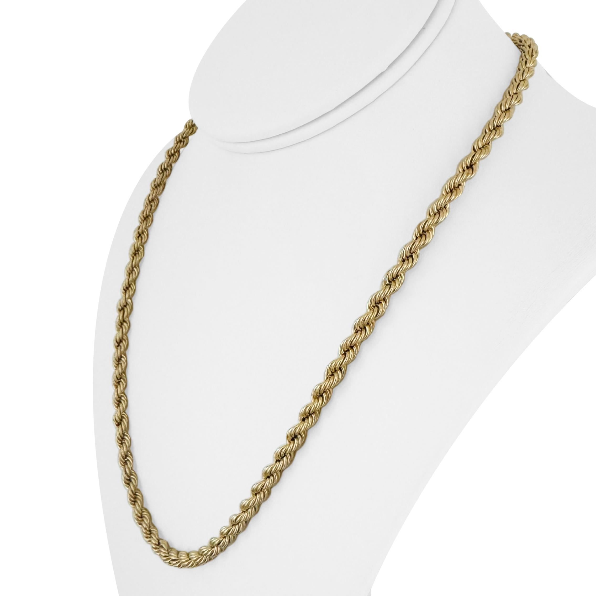 Condition:  Excellent Condition, Professionally Cleaned and Polished
Metal:  14k Gold (Marked, and Professionally Tested)
Weight:   20g
Length:  20 Inches
Width:  4.5mm
Closure:  Box Tab Insert with Safety Latch
Markings:  
