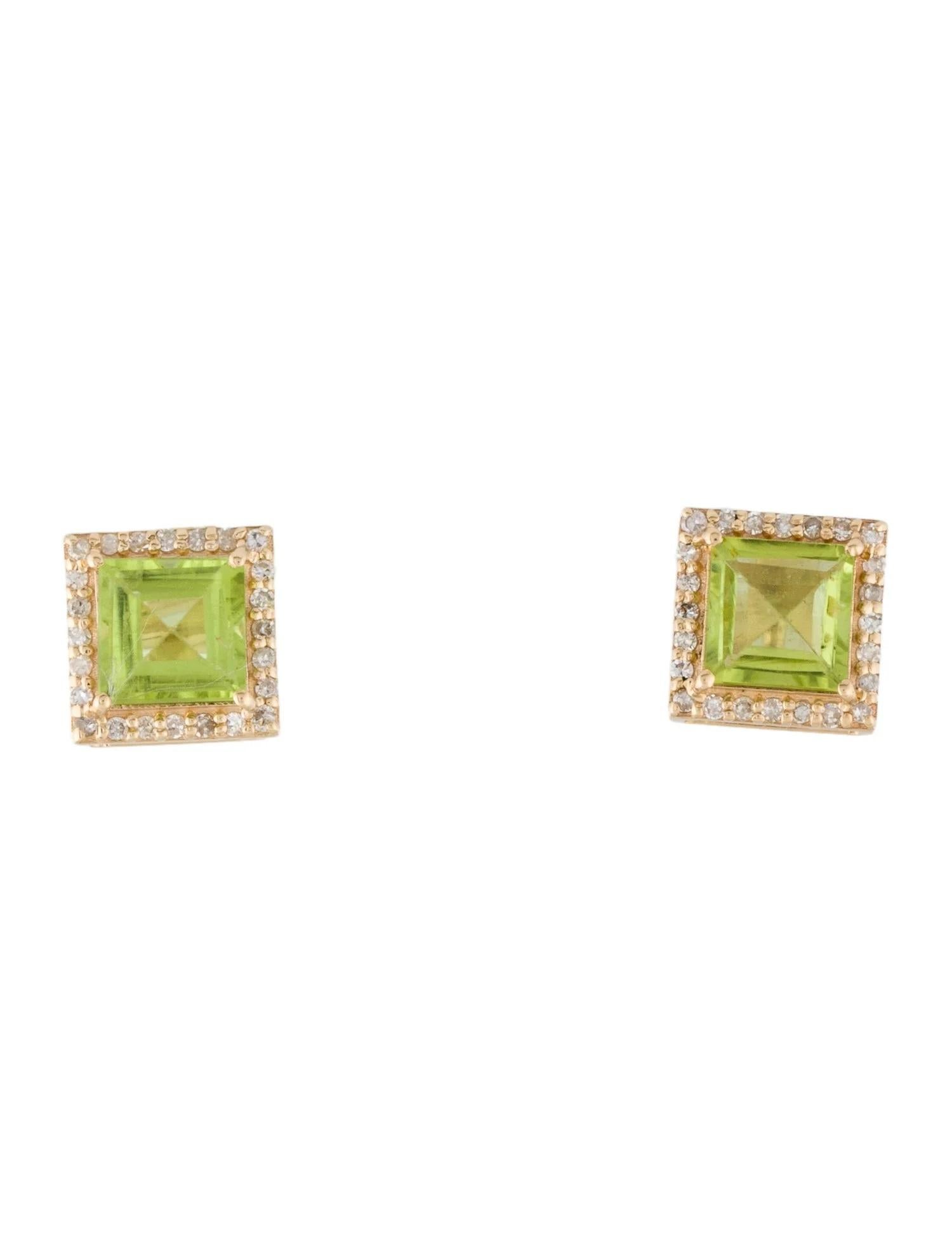 Pendientes de oro amarillo de 14 quilates con peridoto y diamantes de 2,10 quilates, peridoto talla escalonada cuadrada Corte único