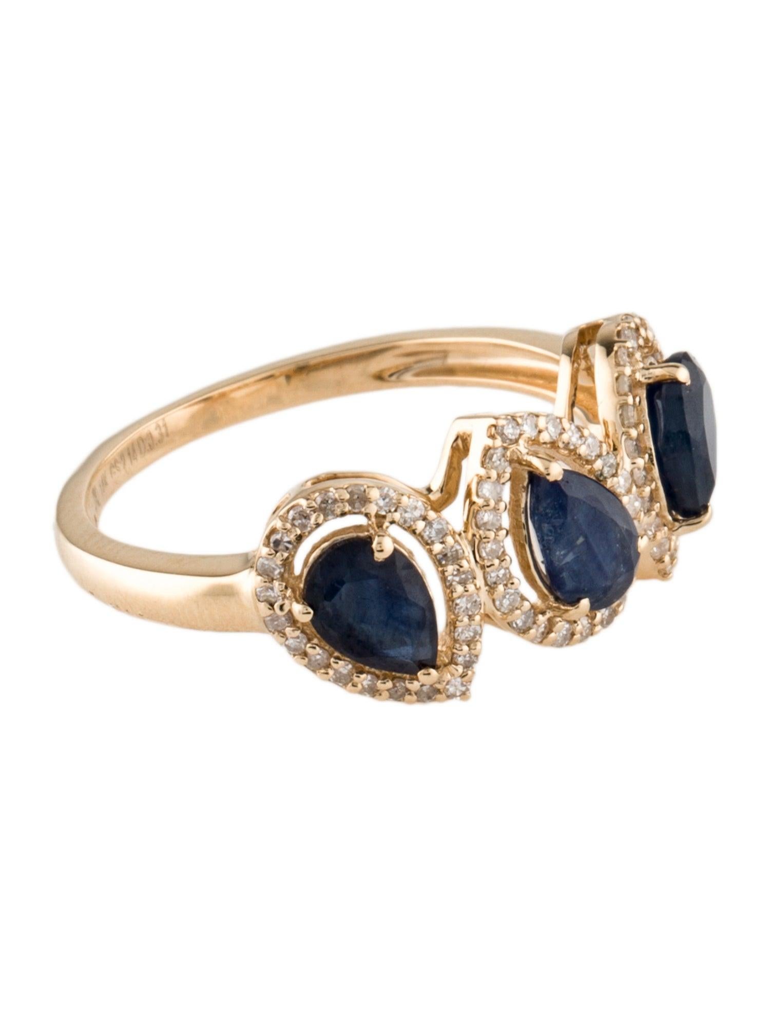 Introducing our exquisite 14K Yellow Gold Sapphire and Diamond Band, a true masterpiece of fine jewelry. This size 8 band elegantly combines 2.14 carats of Pear Modified Brilliant Sapphires with 0.31 carats of near colorless, single-cut diamonds.