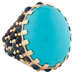 14K Yellow Gold 21.61ct Turquoise & 9.28ct Sapphire Cocktail Ring, Oval Cabochon