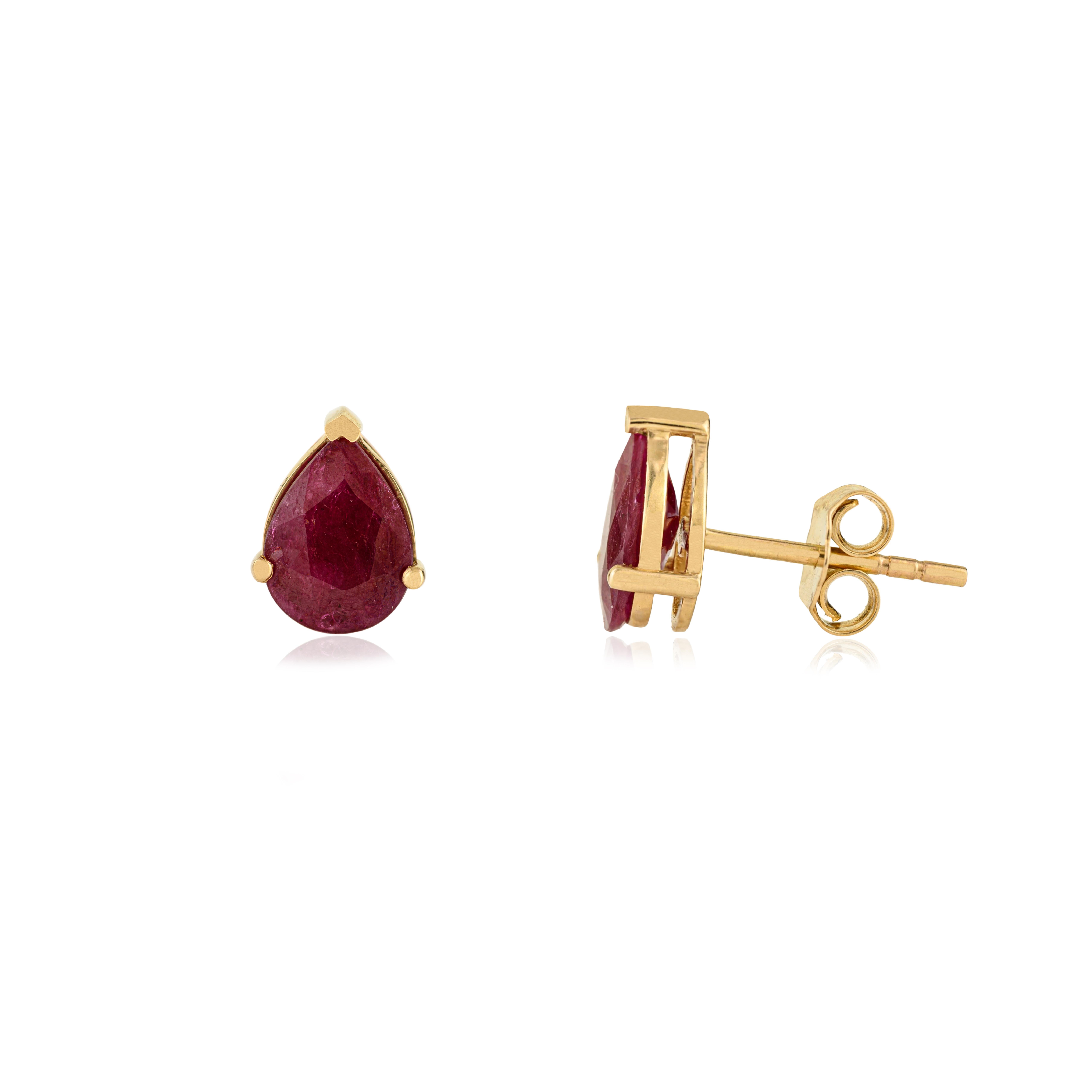 Moderniste Boucles d'oreilles en or jaune 14K 2.1Ct Pear Shaped Ruby Stud Ears Fine Jewelry Christmas Gift en vente