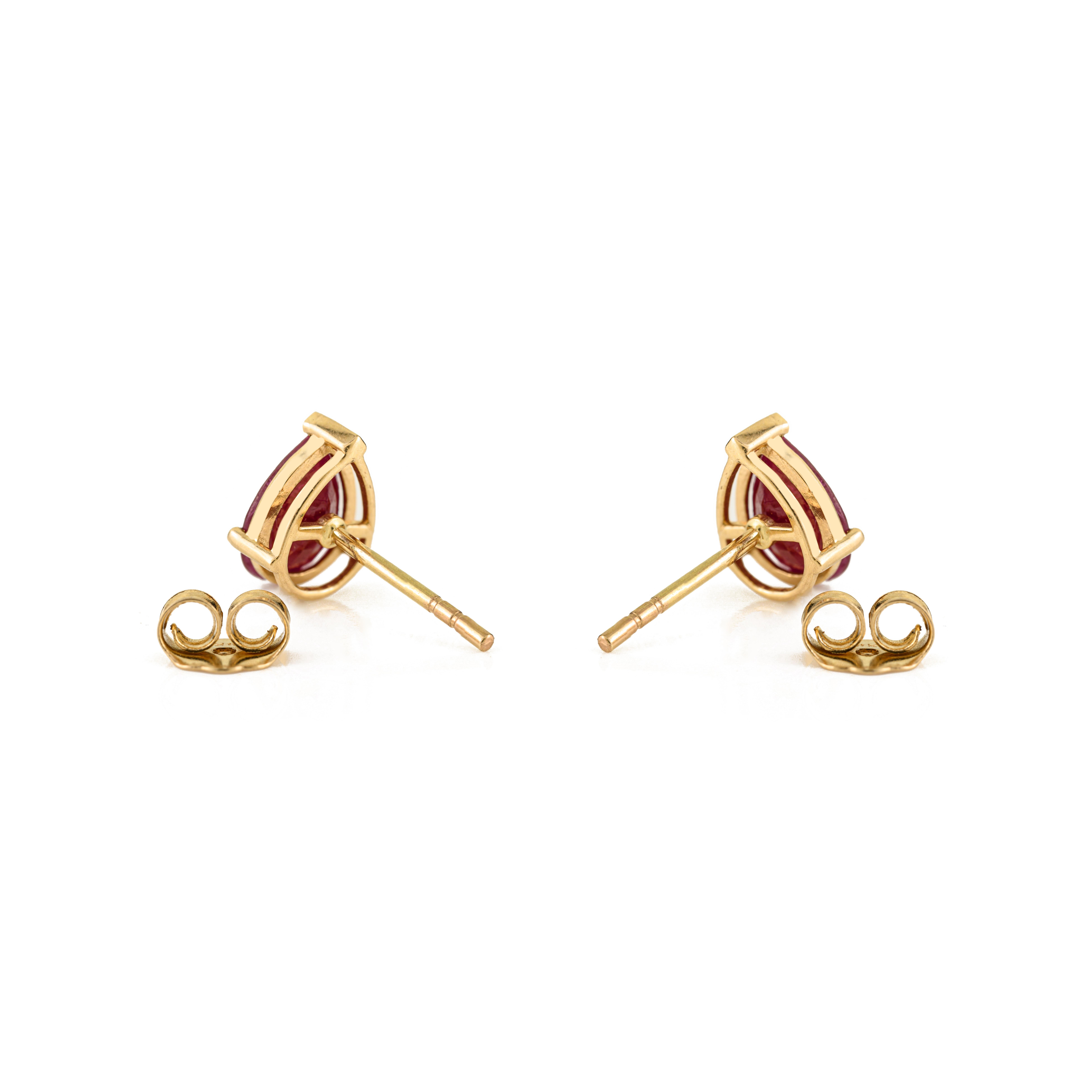 Boucles d'oreilles en or jaune 14K 2.1Ct Pear Shaped Ruby Stud Ears Fine Jewelry Christmas Gift en vente 1