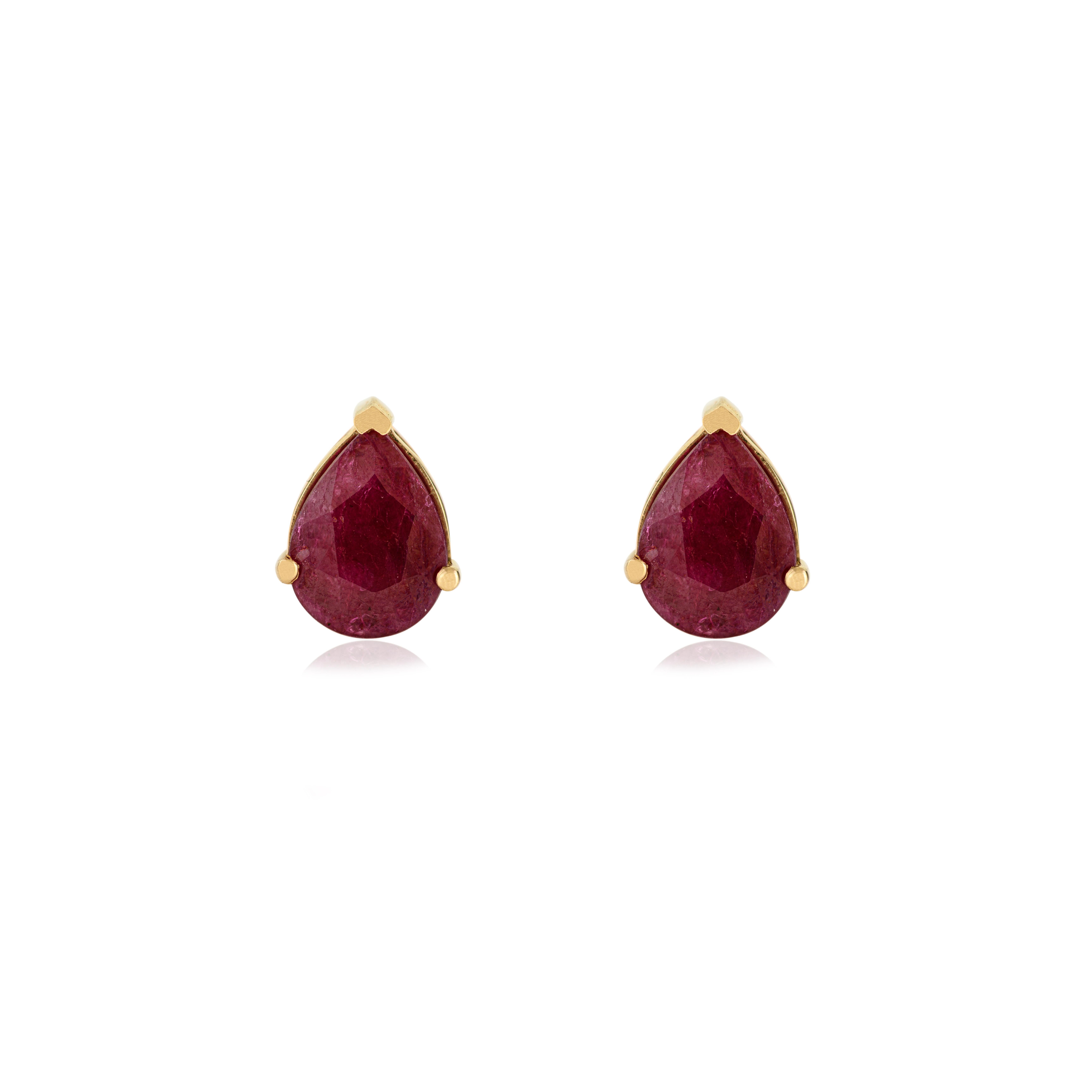 Boucles d'oreilles en or jaune 14K 2.1Ct Pear Shaped Ruby Stud Ears Fine Jewelry Christmas Gift en vente 3