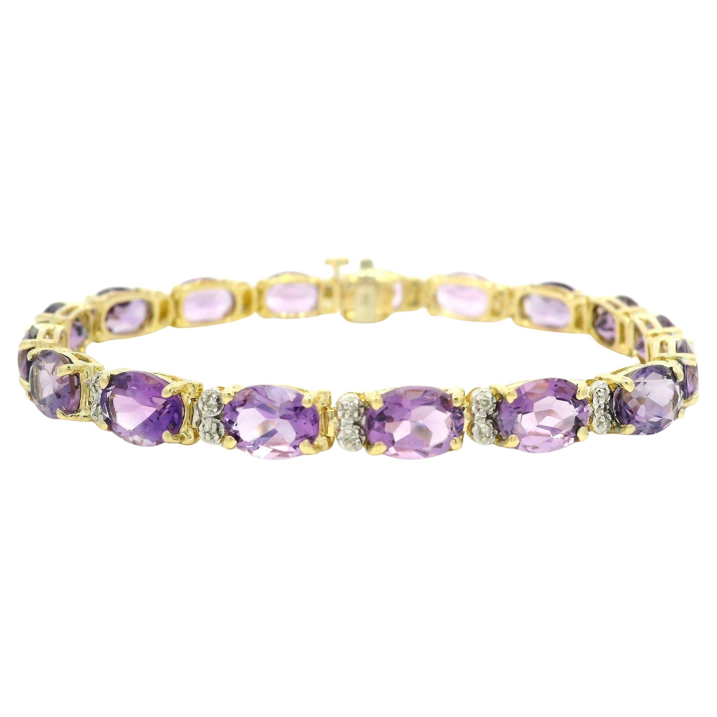 Bracciale tennis in oro giallo 14k 21ctw con ametista ovale alternata e linea di diamanti