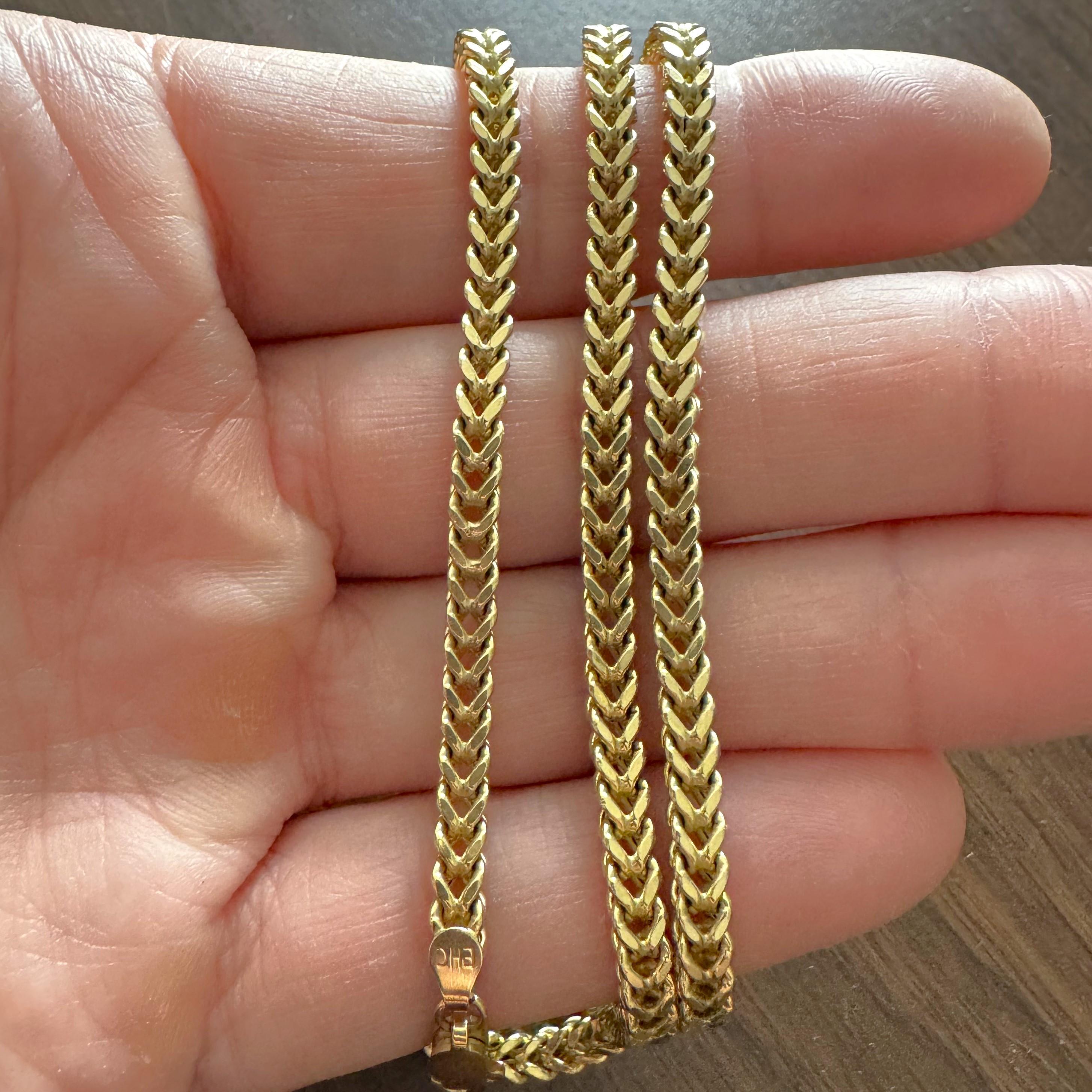 Zustand:  Ausgezeichneter Condit, Professionell gereinigt und poliert
Metall: 14k Gold (markiert und professionell getestet)
Gewicht: 21g
Länge: 24 Zoll
Breite: 4 mm
Verschluss:  Karabinerhaken
Markierungen: 