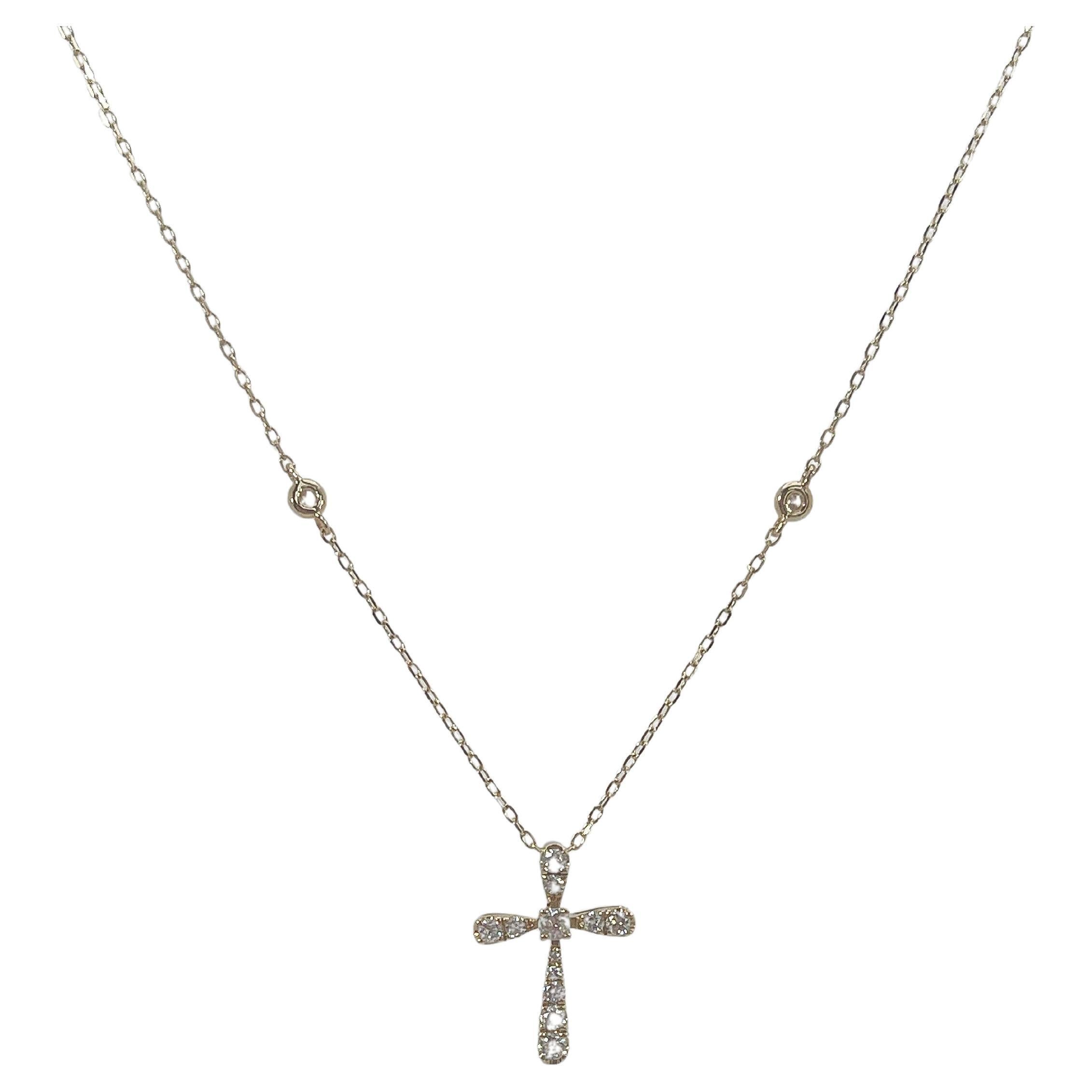 14K Yellow Gold .22 CTW Diamond Cross Pendant Necklace with Diamond Stations