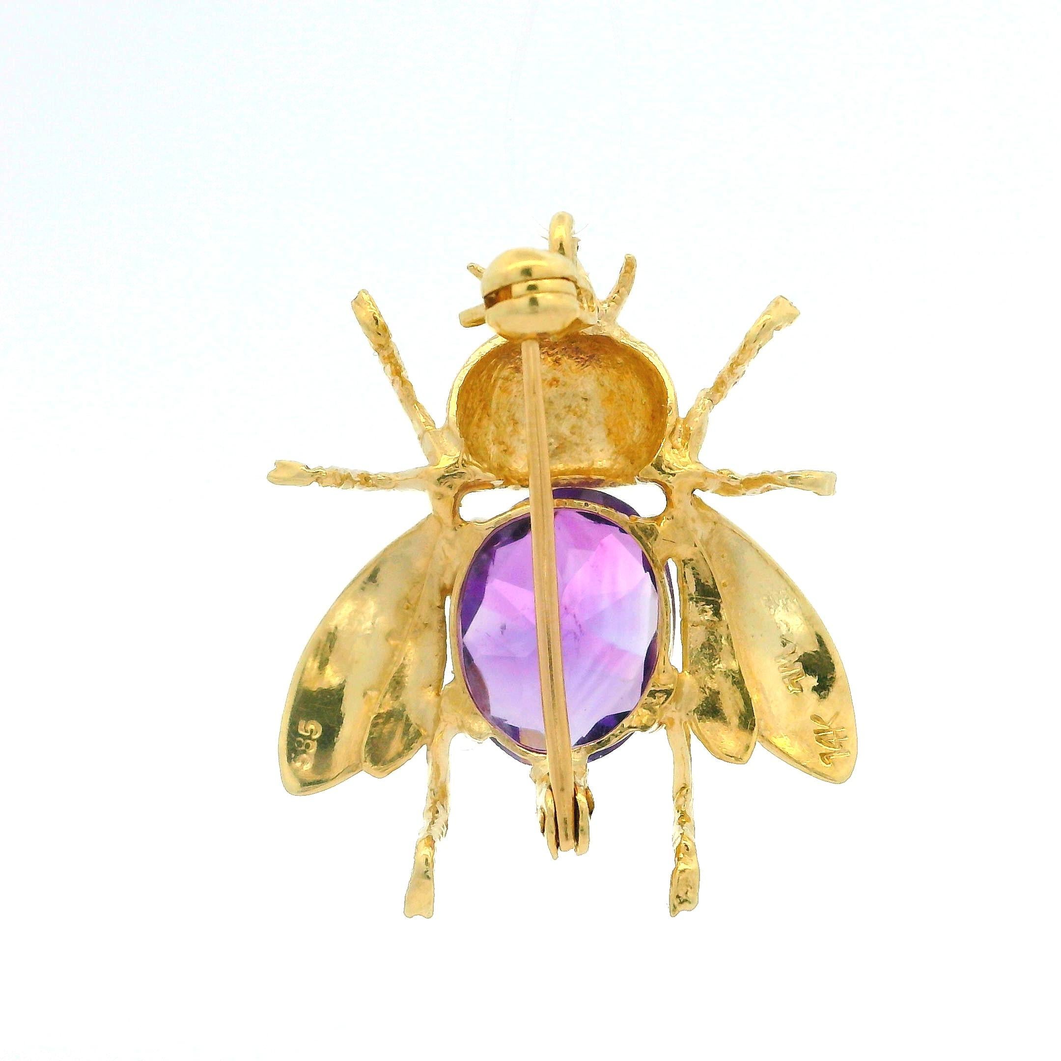 14k Yellow Gold 2.20ctw Oval Amethyst Honeybee Bee Fly Pin Brooch Pendant In Excellent Condition For Sale In Montclair, NJ