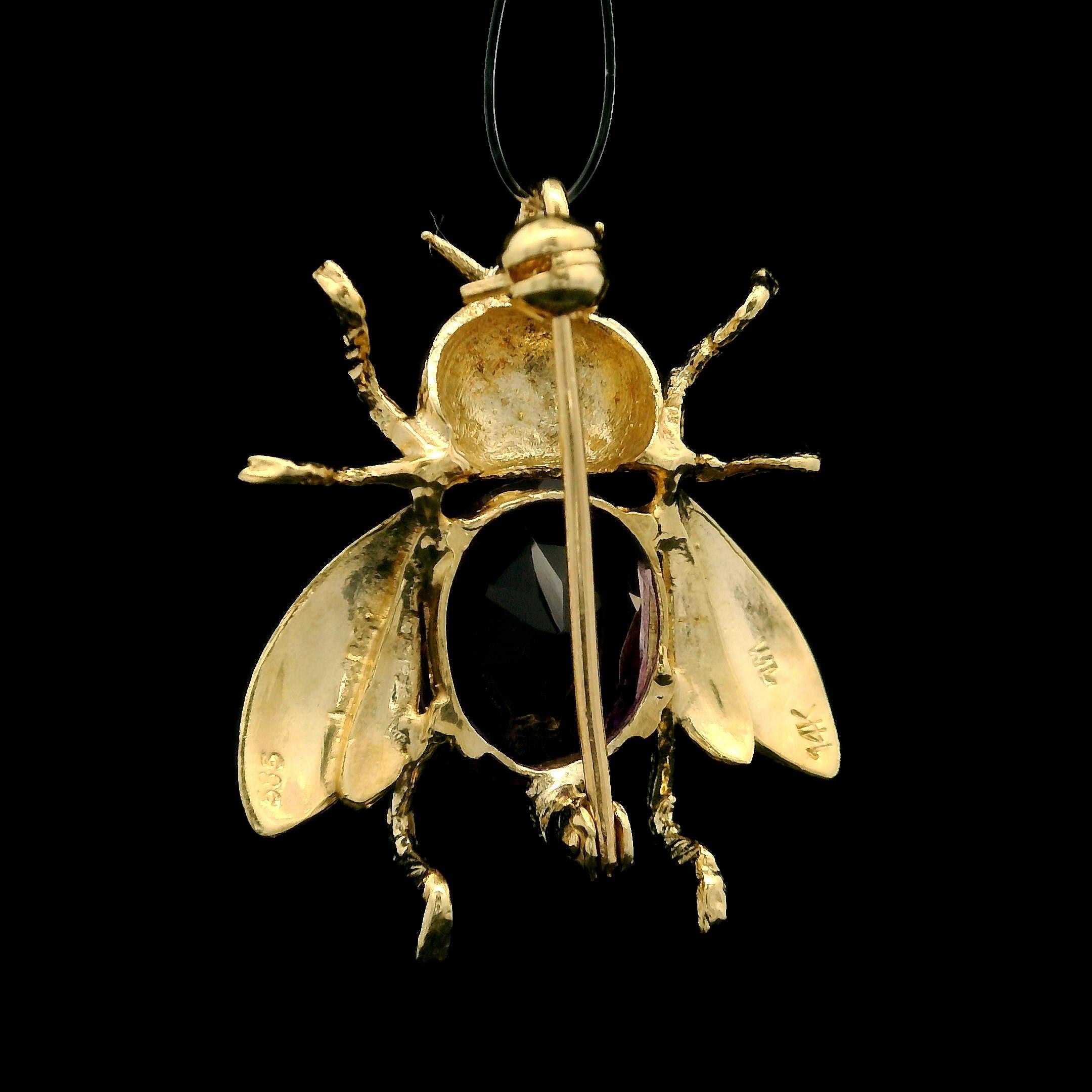14k Yellow Gold 2.20ctw Oval Amethyst Honeybee Bee Fly Pin Brooch Pendant For Sale 2