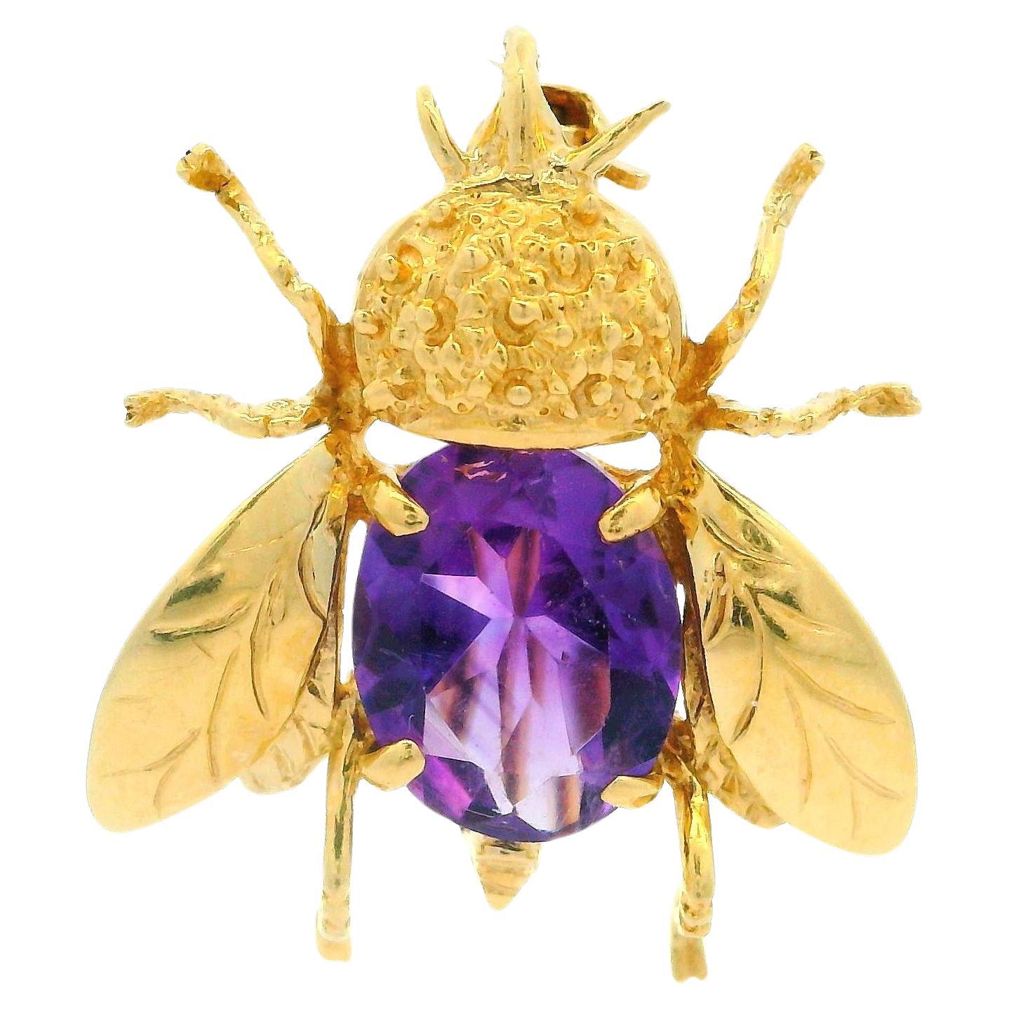 14k Yellow Gold 2.20ctw Oval Amethyst Honeybee Bee Fly Pin Brooch Pendant For Sale