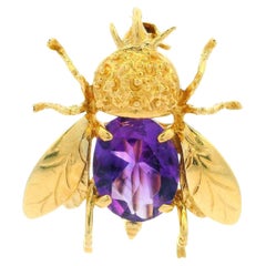 Pendentif broche en or jaune 14k avec améthyste ovale Honeybee Bee Fly Pin