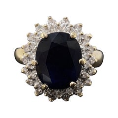 14K Yellow Gold 2.22ct Blue Sapphire & Natural Diamond Cluster Ring 2.50TCW