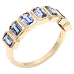 14K Yellow Gold 2.24 Ct Natural Blue Sapphire Half Eternity Band Ring
