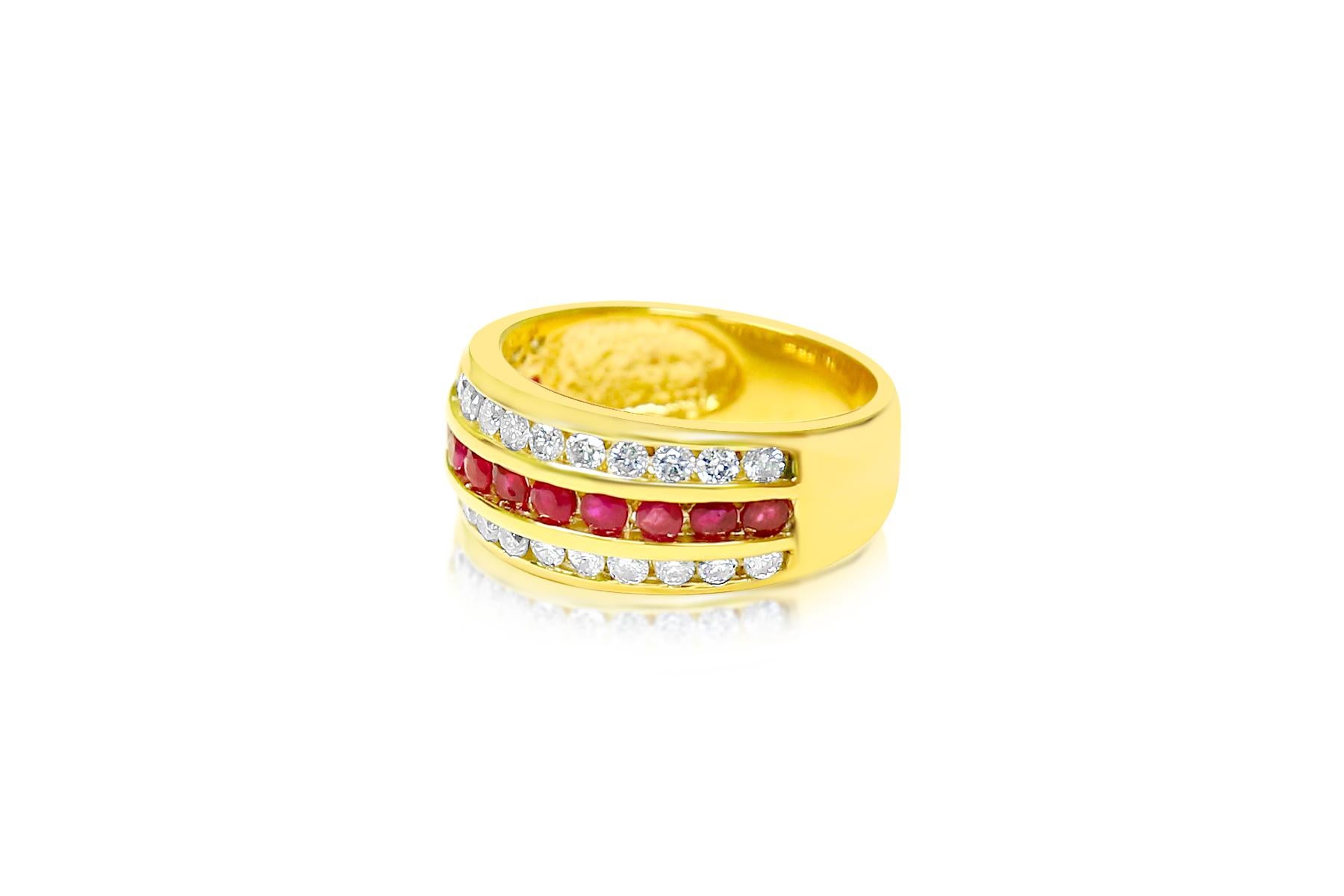 Contemporary 14k Yellow Gold, 2.25ct Diamond and Burma Ruby Ring. For Sale