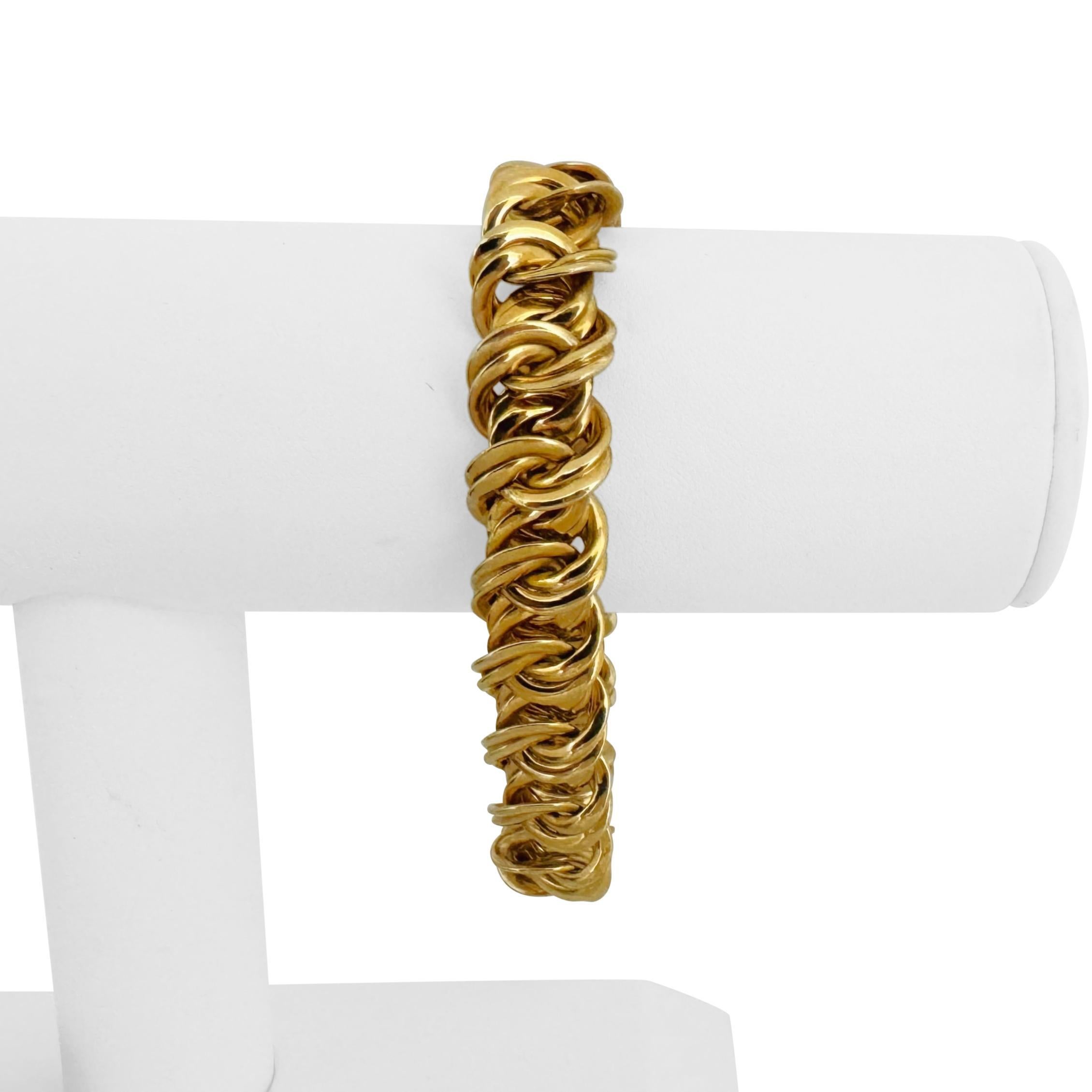 Condit:  Eccellenti condizioni, pulite e lucidate professionalmente
Metallo: Oro 14k (marcato e testato professionalmente)
Peso: 22,7 g
Lunghezza: 7,5 pollici
Larghezza: 13 mm
Chiusura: inserto a linguetta della scatola con due chiusure di