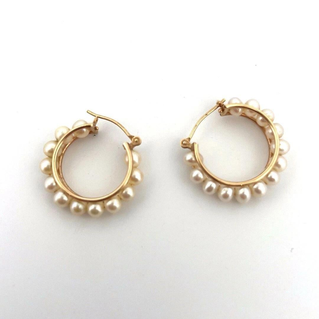 Oval Cut 14K Yellow Gold 22mm, 4mm Cultured Freshwater Pearl Hoop Earrings For Sale
