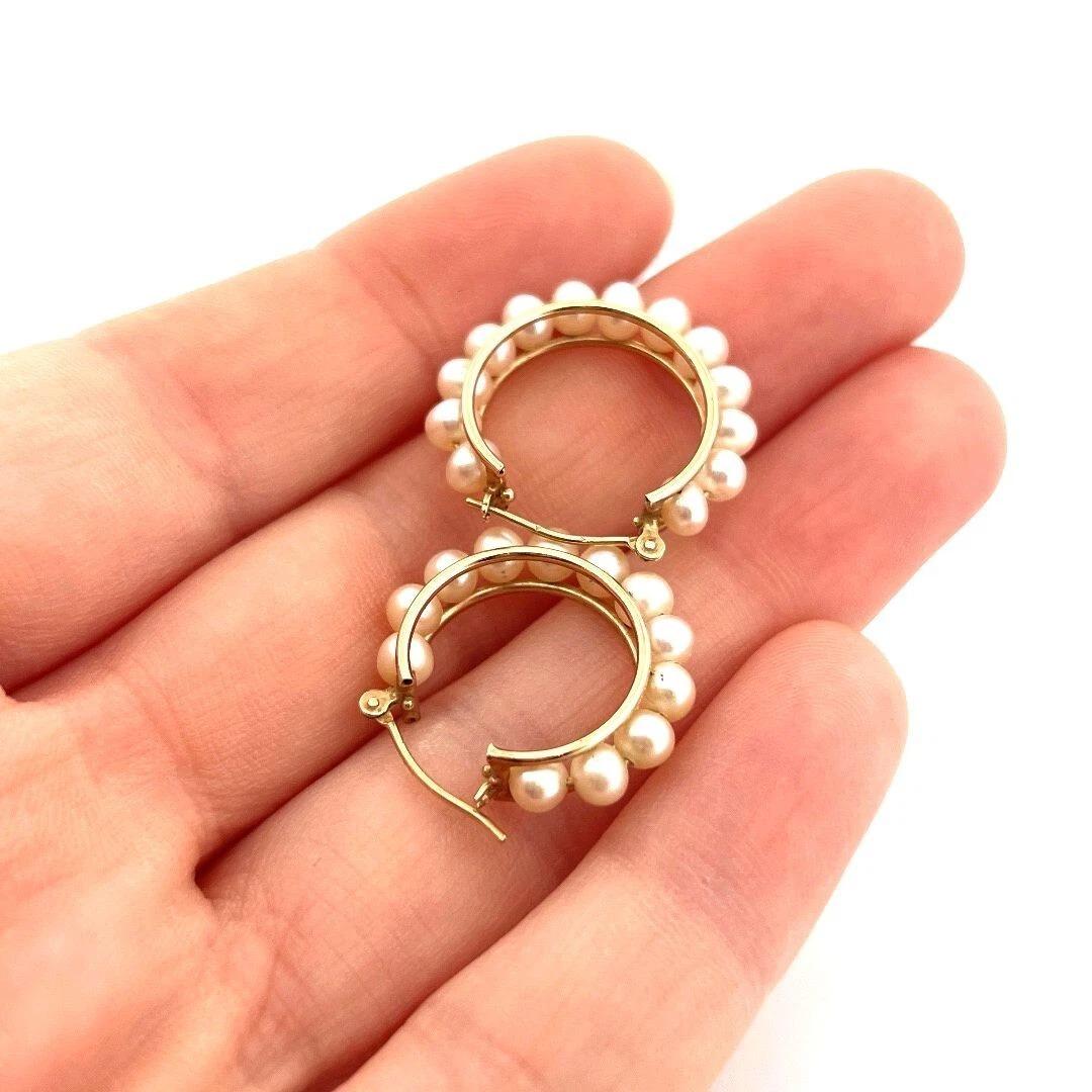 Women's 14K Yellow Gold 22mm, 4mm Cultured Freshwater Pearl Hoop Earrings For Sale