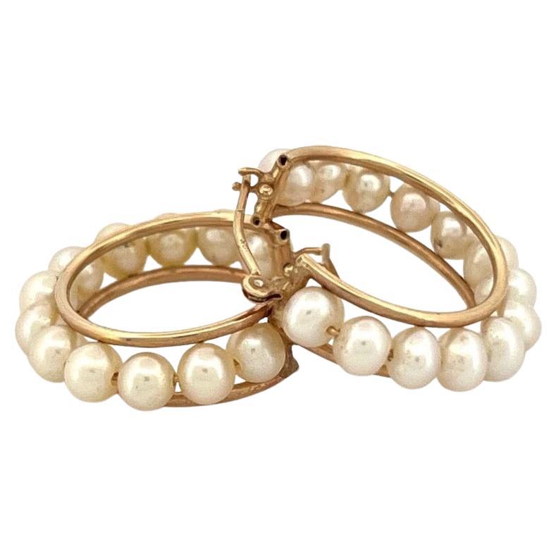 14K Yellow Gold 22mm, 4mm Cultured Freshwater Pearl Hoop Earrings For Sale
