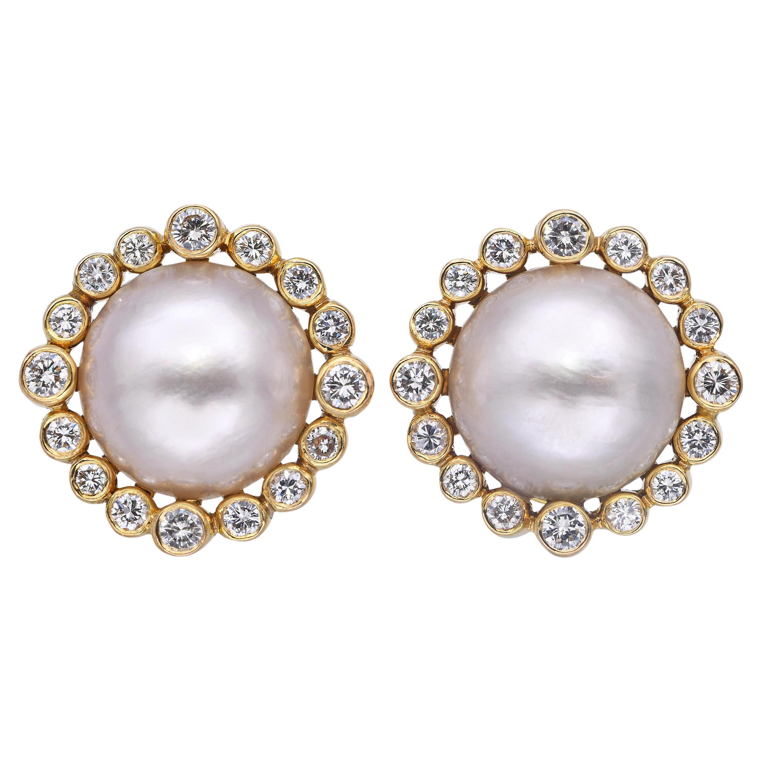 14k Yellow Gold 2.32tcw Diamond Halo Mabe Pearl Earrings