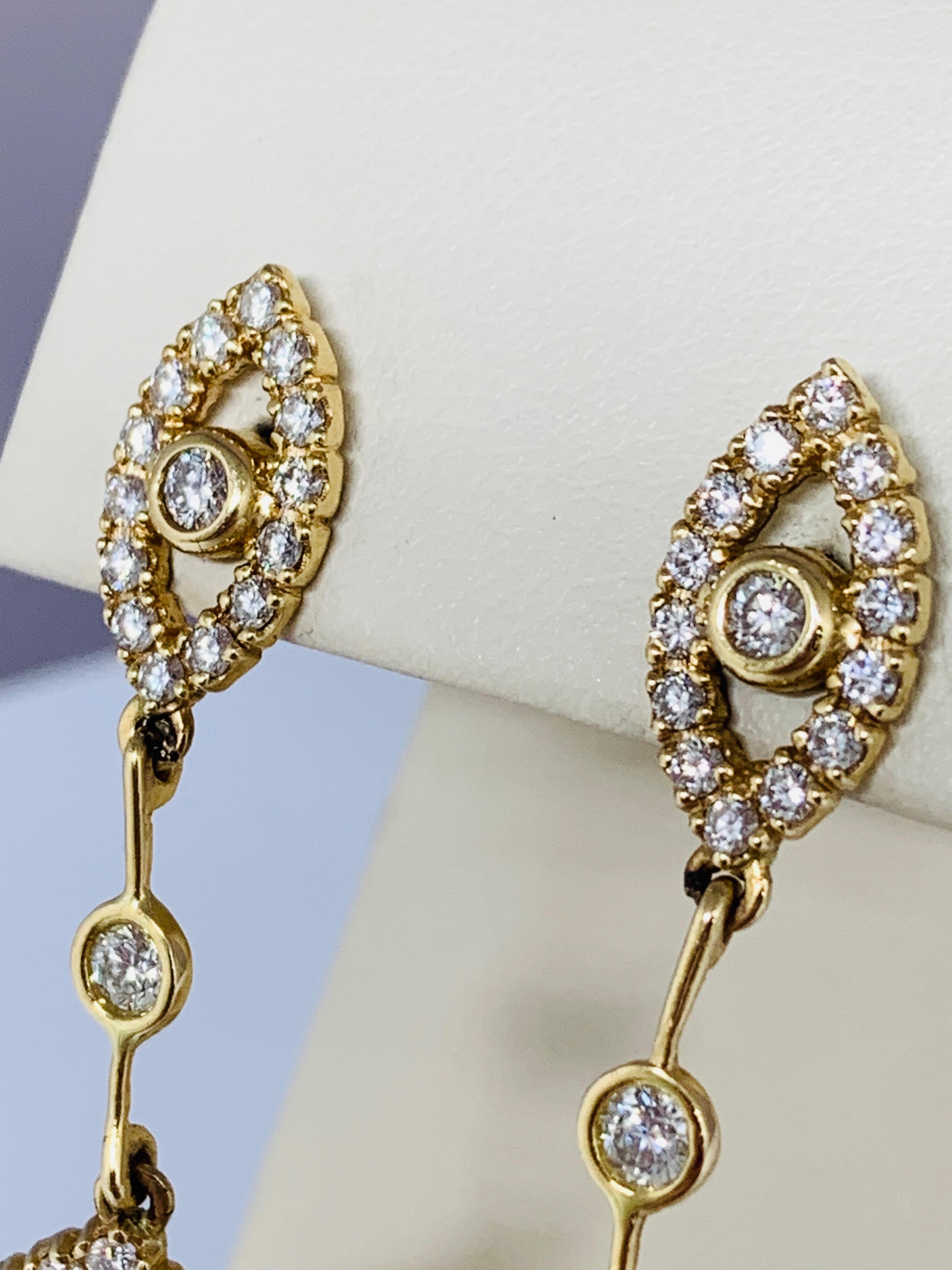 Women's or Men's 14 Karat Yellow Gold 2.35 Carat Diamond Drop Earrings For Sale