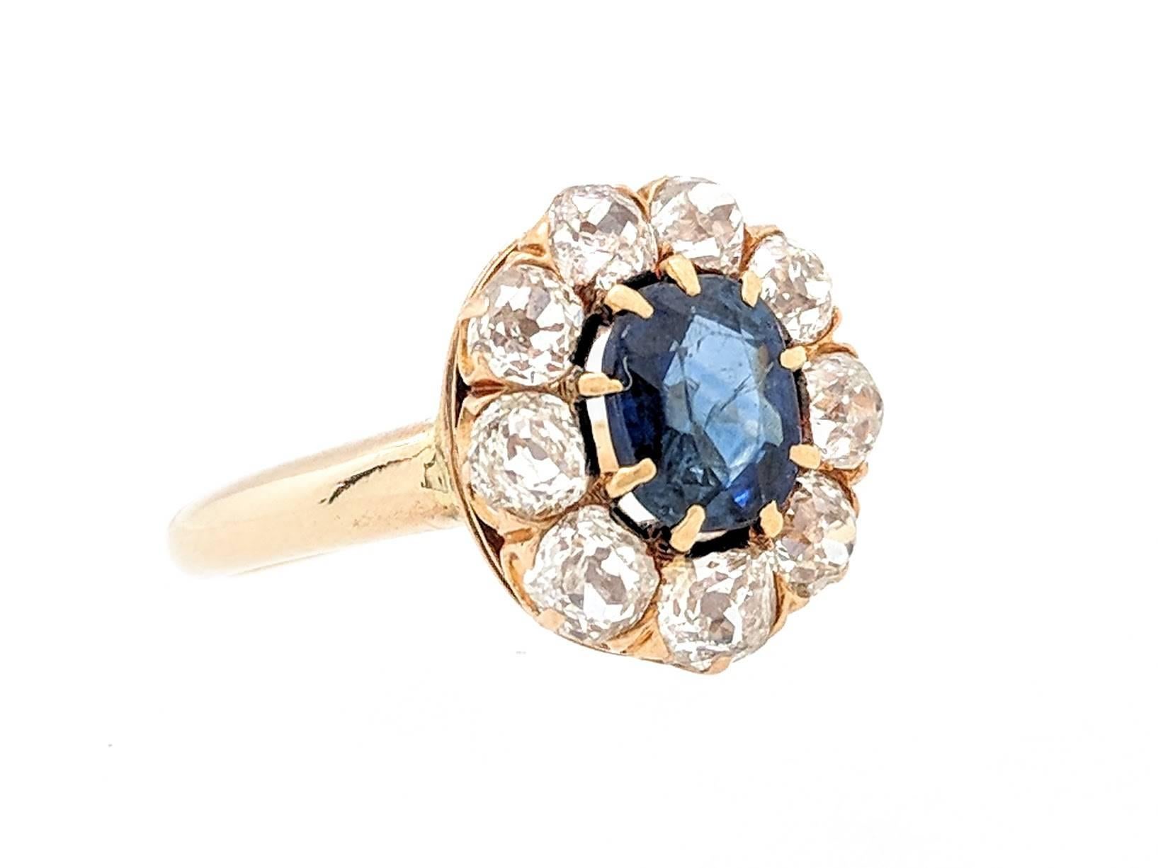 Early Victorian 14 Karat Yellow Gold 2.35 Carat Sapphire and Diamond Estate Ring For Sale