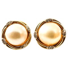 14k Yellow Gold .24 Carat Diamond & Mabe Pearl Earrings w Omega Backs