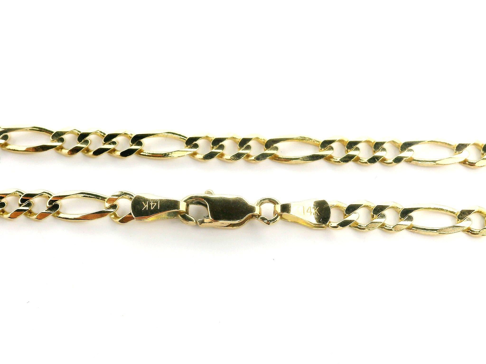 MATERIAL : Or jaune 14k massif
Poids : 13 grammes
Type de chaîne : Maillon Figaro
Longueur de la chaîne : 24 pouces
Largeur de la chaîne : 4,1 mm
Épaisseur de la chaîne : 1,2 mm
Fermoir : Griffe de homard
Épaisseur de l'extrémité de la boucle :