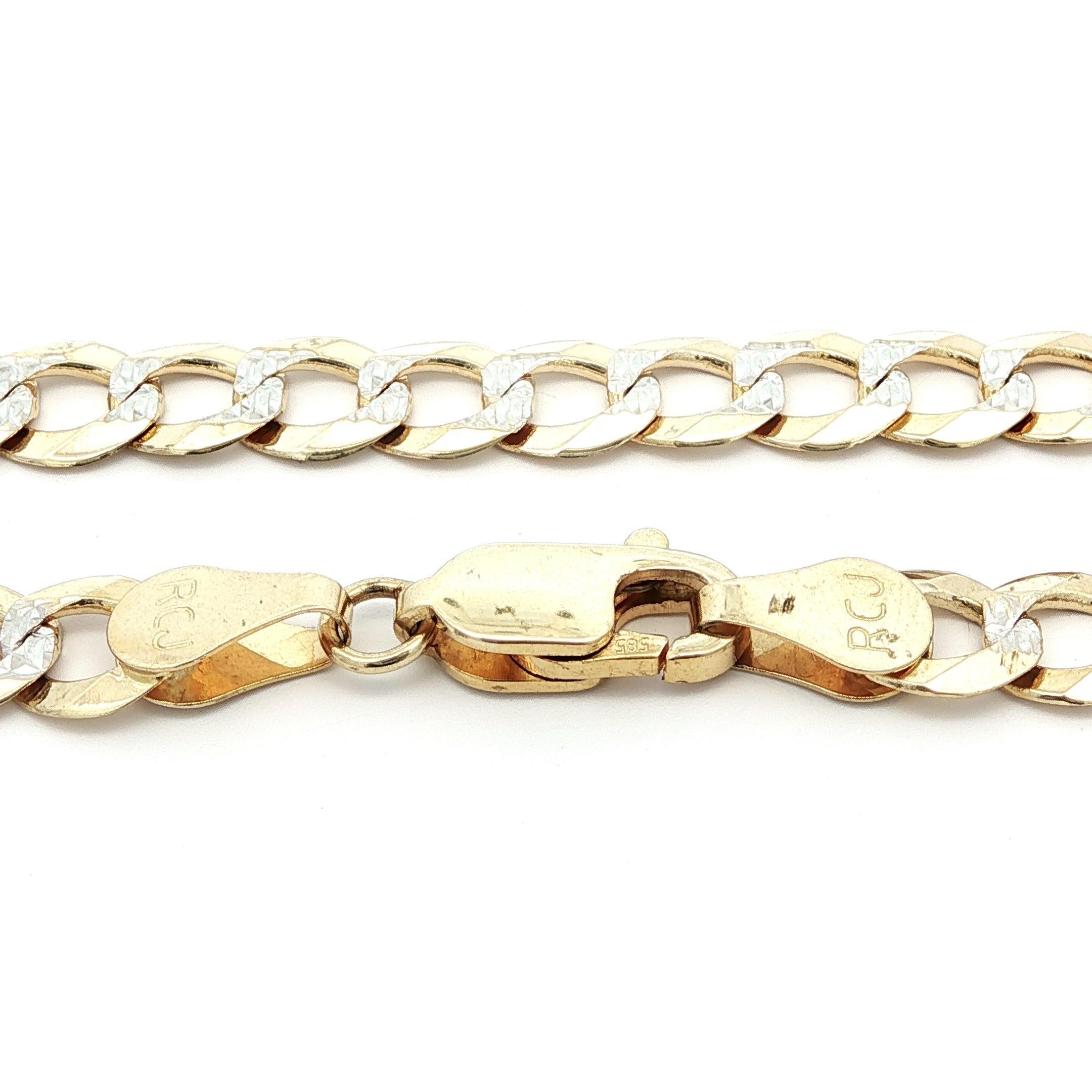 Materiale: Oro giallo e bianco massiccio 14k dove i tagli dei diamanti sono
Peso: 19.9 grammi 
Tipo: A Link con taglio diamantato da 1,2 mm, sfaccettato e testurizzato
Lunghezza: 24