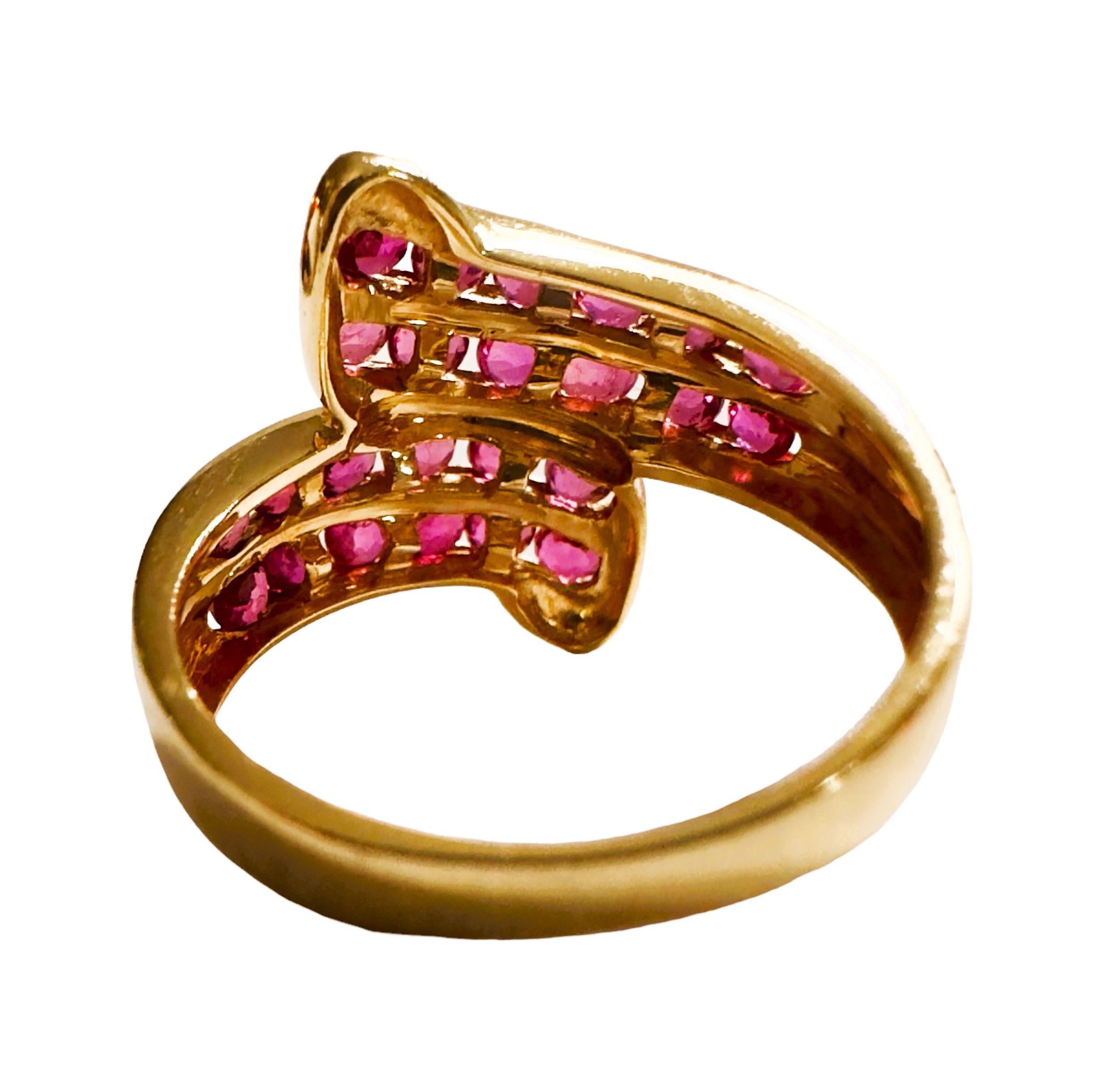 Round Cut 14k Yellow Gold 24 Ruby Ring Size 5.5 For Sale