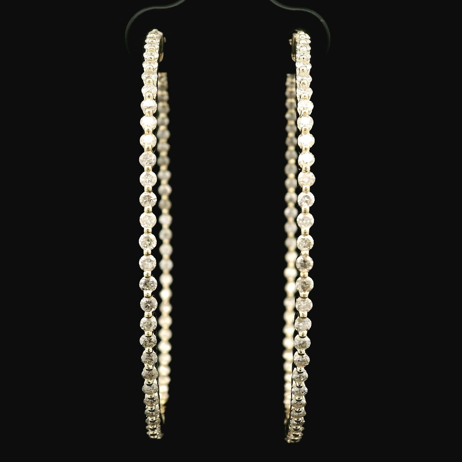 14k Yellow Gold 2.47ctw Round Cut Diamond In Out Large Hoop Snape Earrings In Excellent Condition In Montclair, NJ