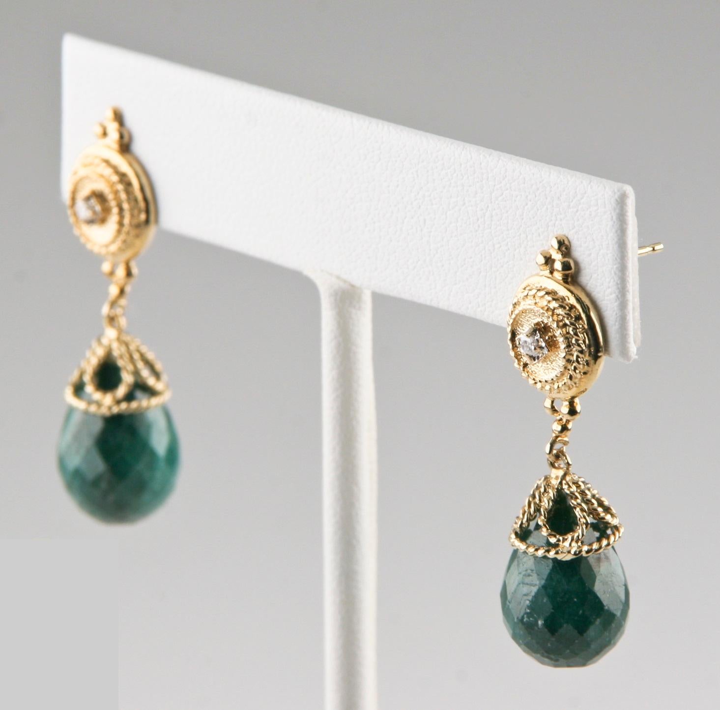 Briolette Cut 14k Yellow Gold 25 Carat Briolette Emerald & 0.04 Carat Diamond Dangle Earrings For Sale