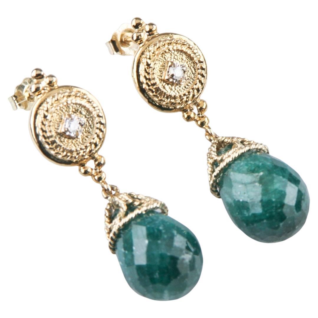 14k Yellow Gold 25 Carat Briolette Emerald & 0.04 Carat Diamond Dangle Earrings For Sale
