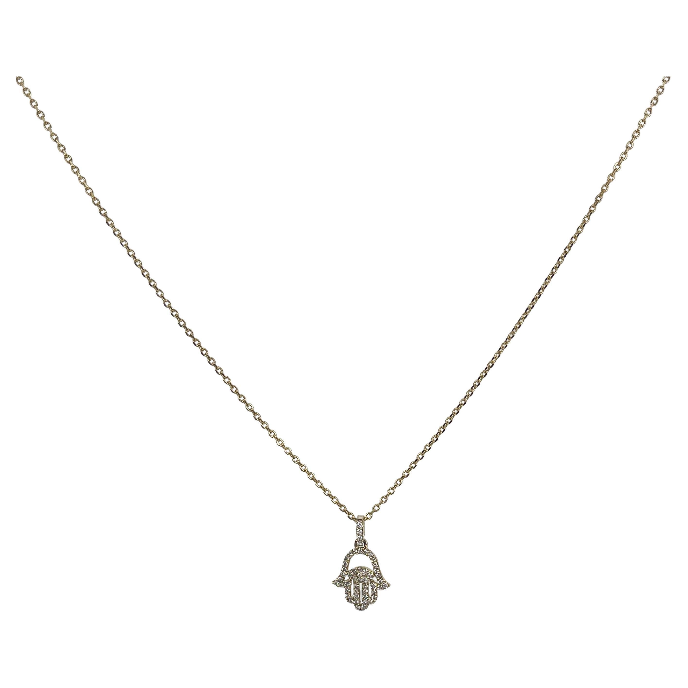 14K Yellow Gold .25 CTW Diamond Hamsa Pendant Necklace  For Sale