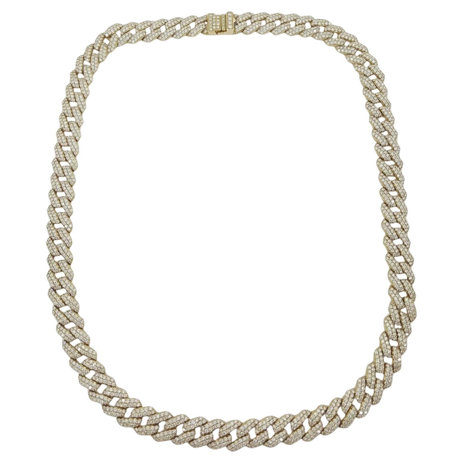 da uomo o donna Collana a catena Cuban Link in oro giallo 14K da 25,7 carati con diamanti rotondi a taglio brillante in vendita