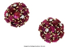 14k Yellow Gold 25.9 ct Ruby Cabochon Cluster Clip-On Earrings 0.80 ct Diamond