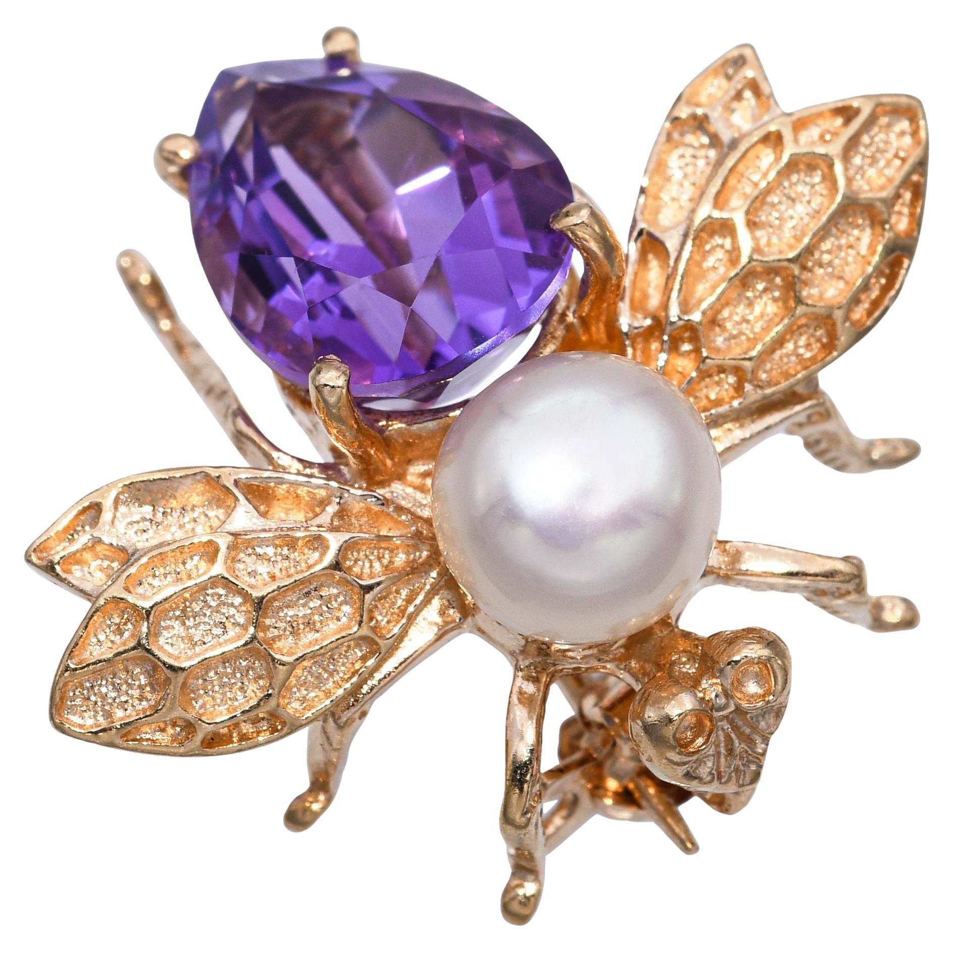 14k Yellow Gold 2.5ct Amethyst and Pearl Bumblebee Brooch Pendant