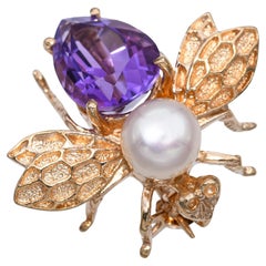 14k Yellow Gold 2.5ct Amethyst and Pearl Bumblebee Brooch Pendant