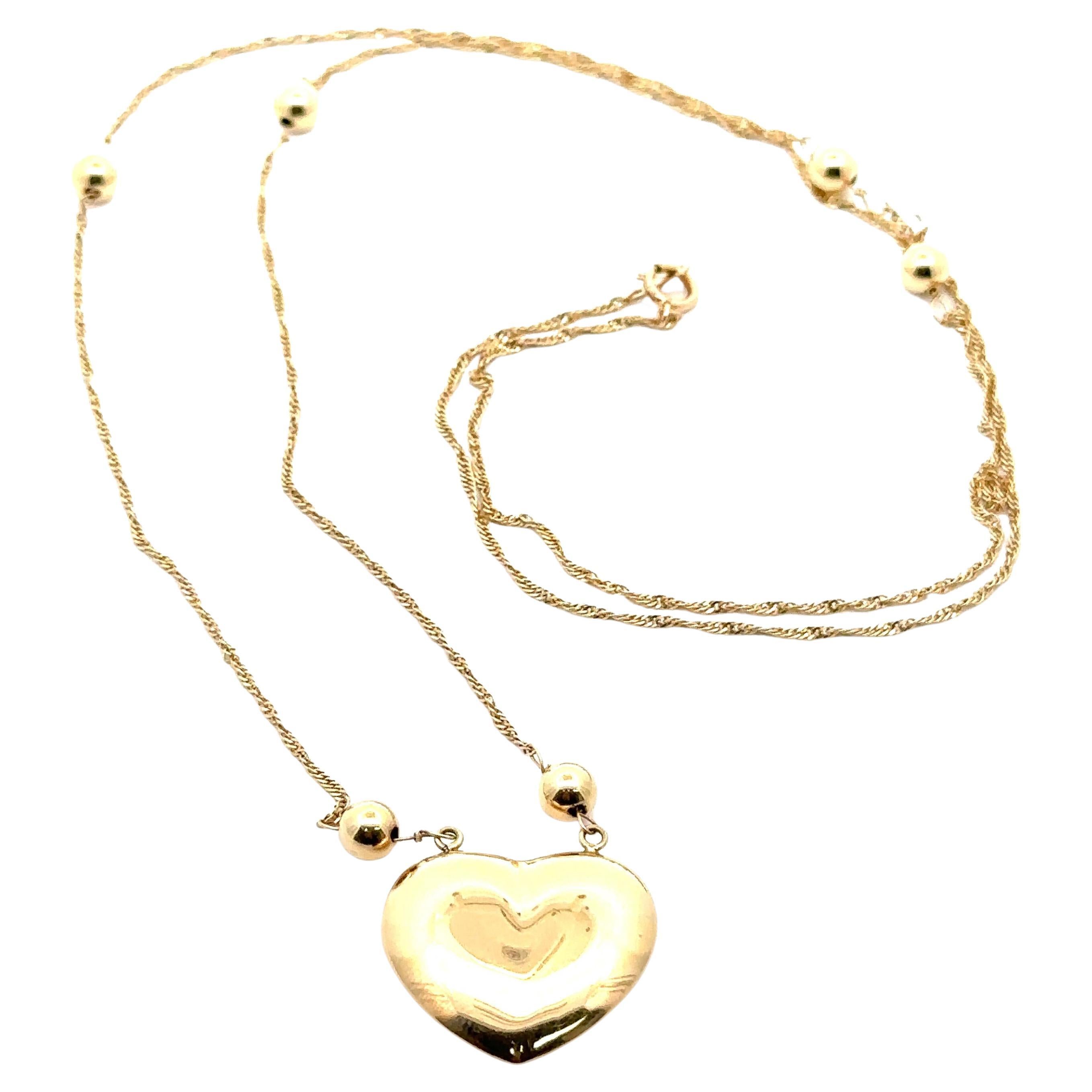14k Yellow Gold 26" Long Puffed Heart Ball Bead Station Fine Rope Necklace For Sale
